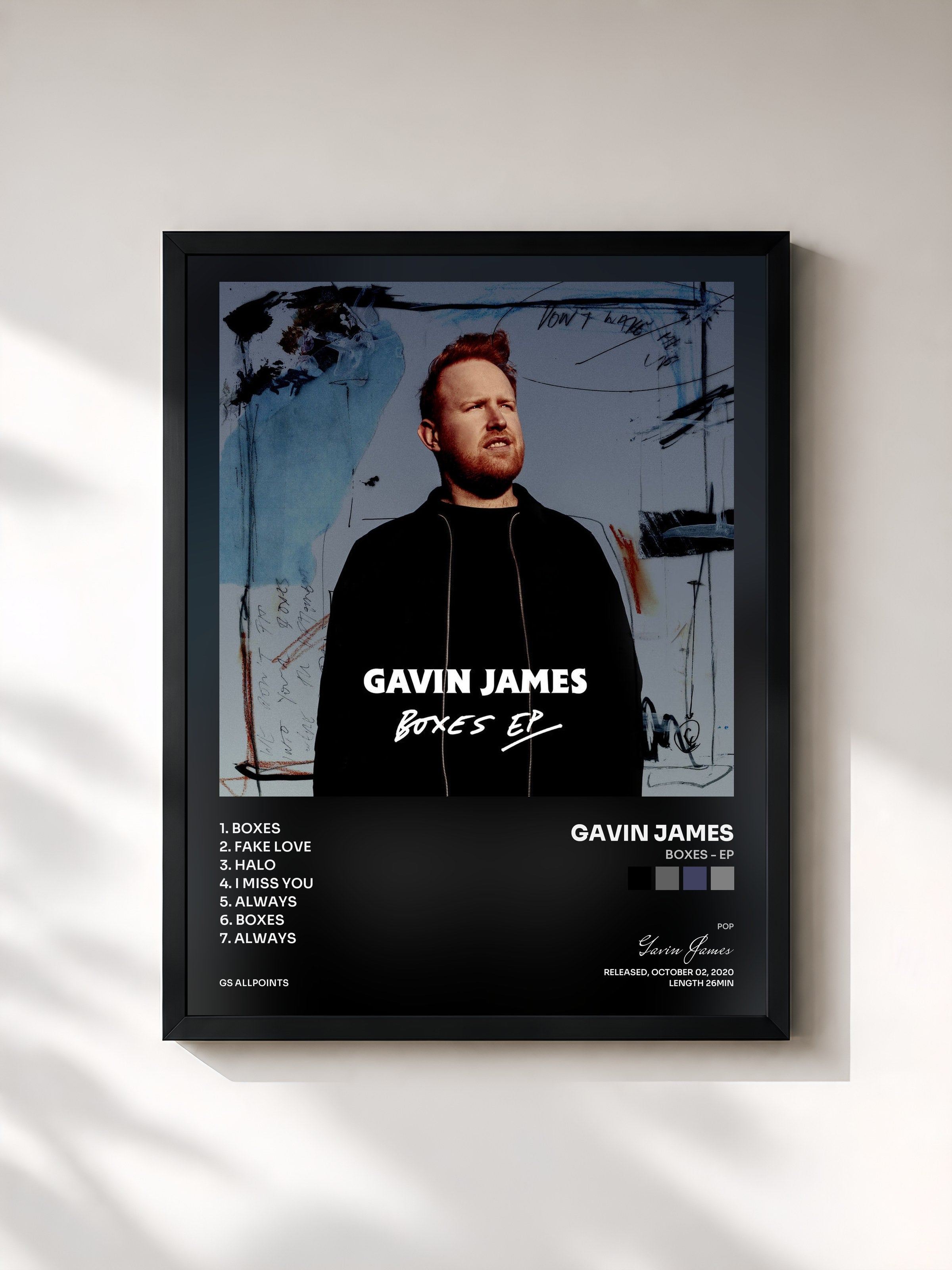 #noir Tableau de l'album Boxes - EP de Gavin James, cadre noir, imprimé et encadré en France