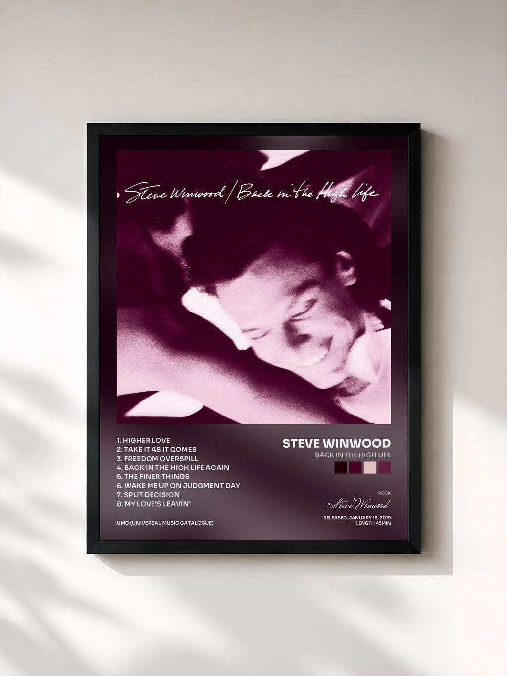 #noir Tableau de l'album Back In The High Life de Steve Winwood, cadre noir, imprimé et encadré en France