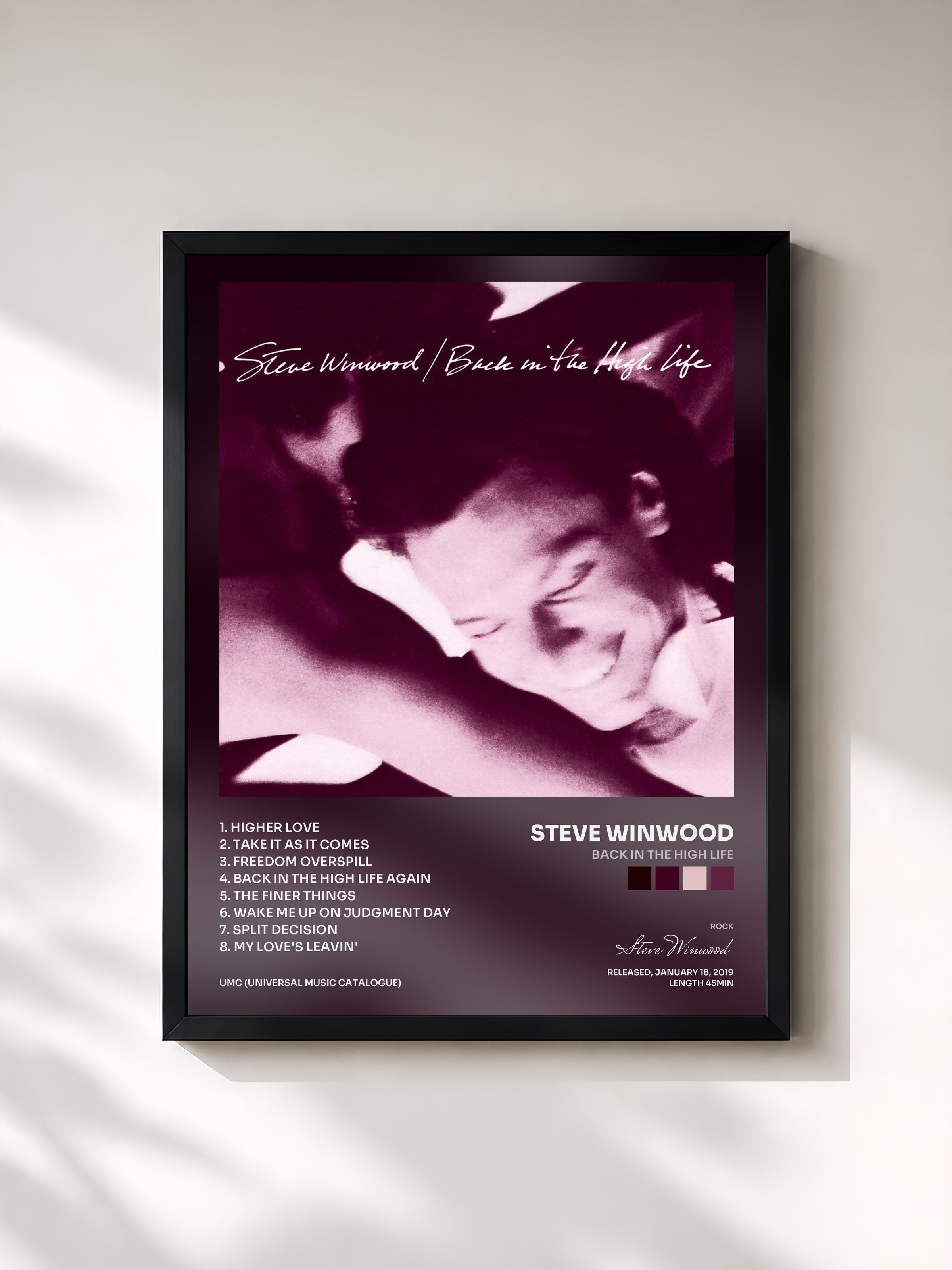 #noir Tableau de l'album Back In The High Life de Steve Winwood, cadre noir, imprimé et encadré en France