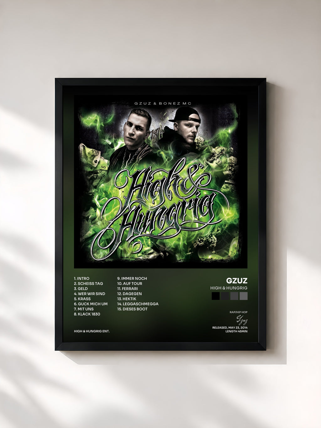 #noir Tableau de l'album High & Hungrig de Gzuz, cadre noir, imprimé et encadré en France