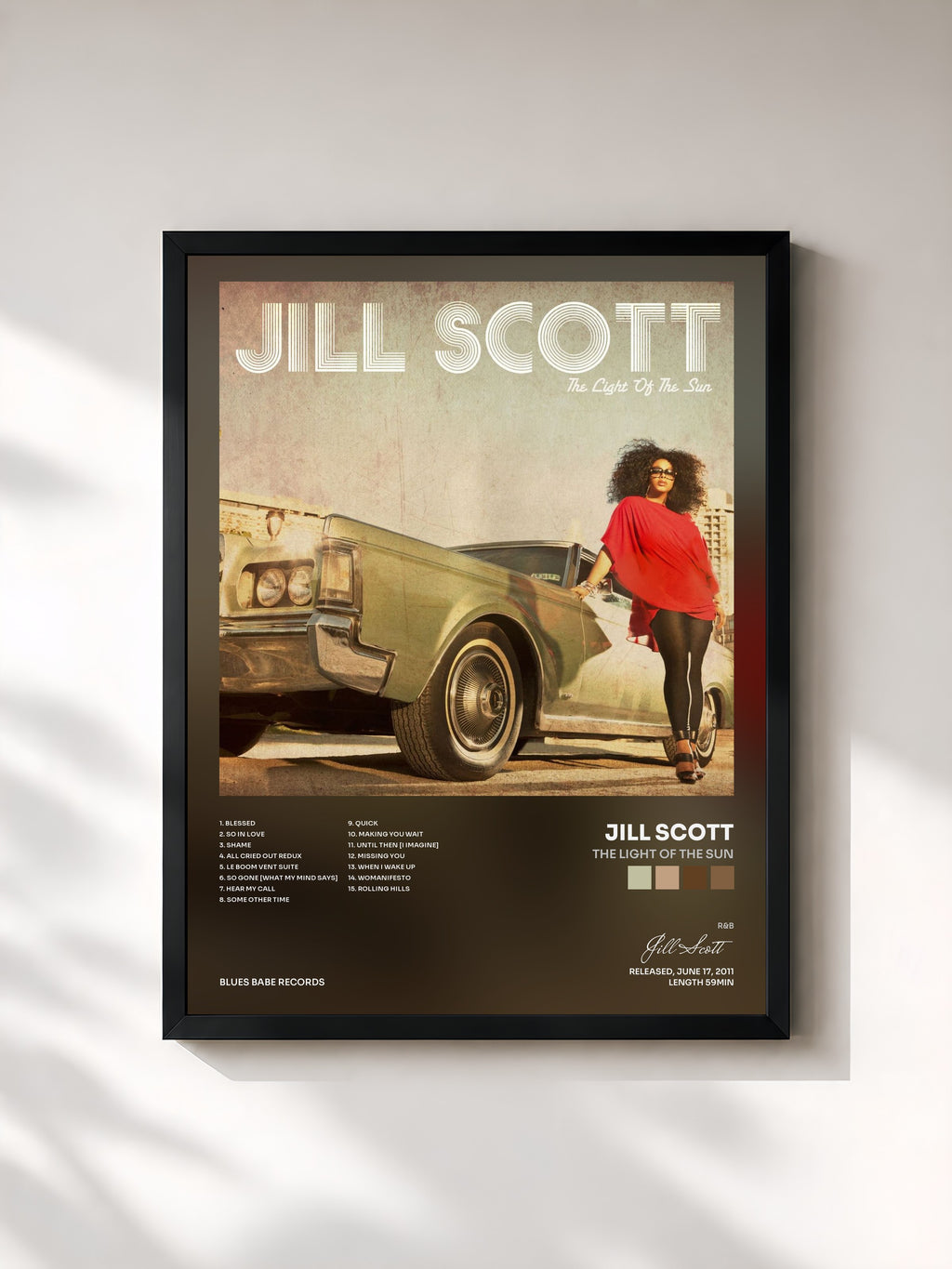 #noir Tableau de l'album The Light of the Sun de Jill Scott, cadre noir, imprimé et encadré en France