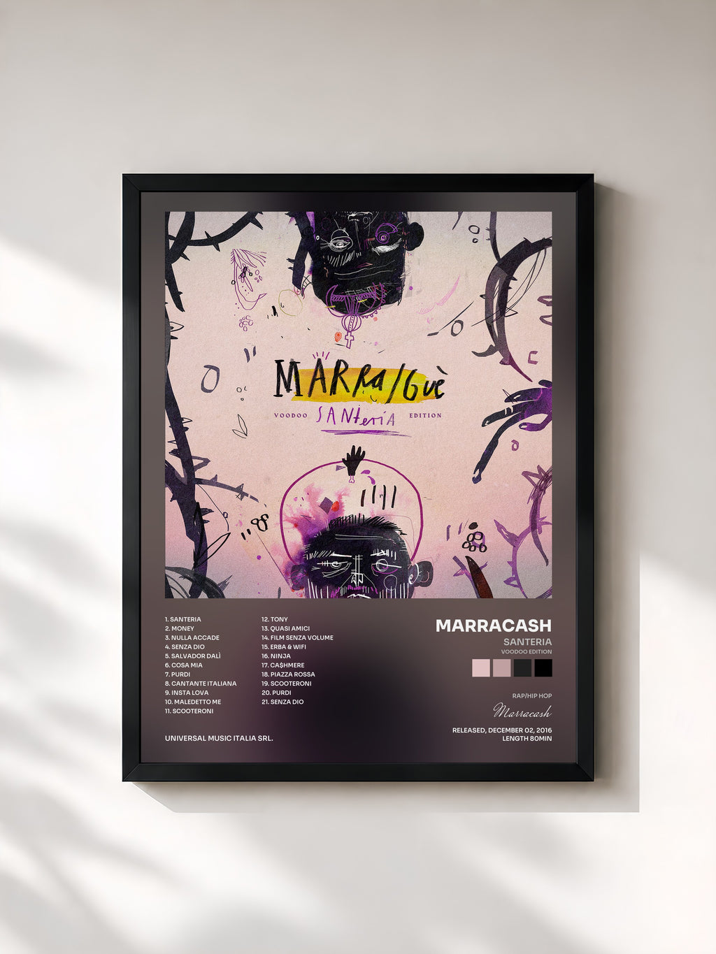 #noir Tableau de l'album Santeria (Voodoo Edition) de Marracash, cadre noir, imprimé et encadré en France