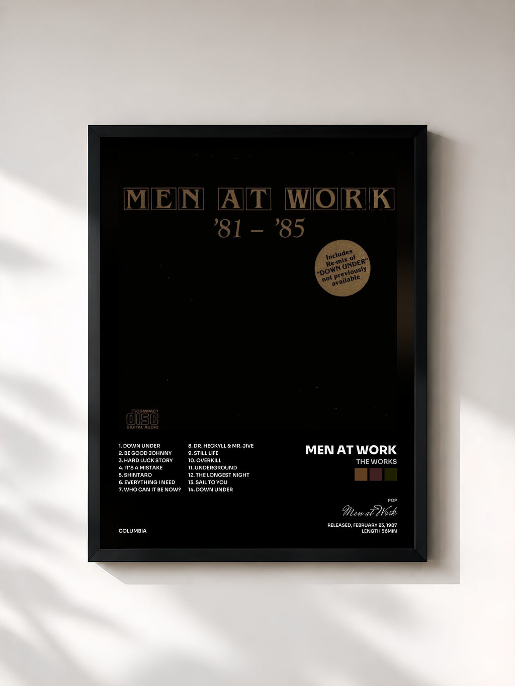 #noir Tableau de l'album The Works de Men at Work, cadre noir, imprimé et encadré en France