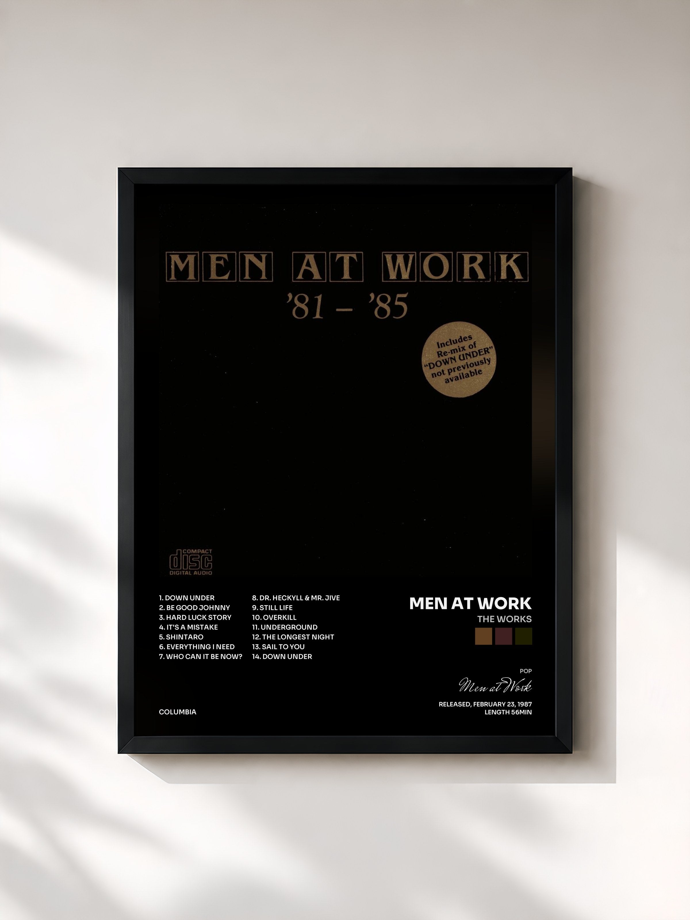 #noir Tableau de l'album The Works de Men at Work, cadre noir, imprimé et encadré en France