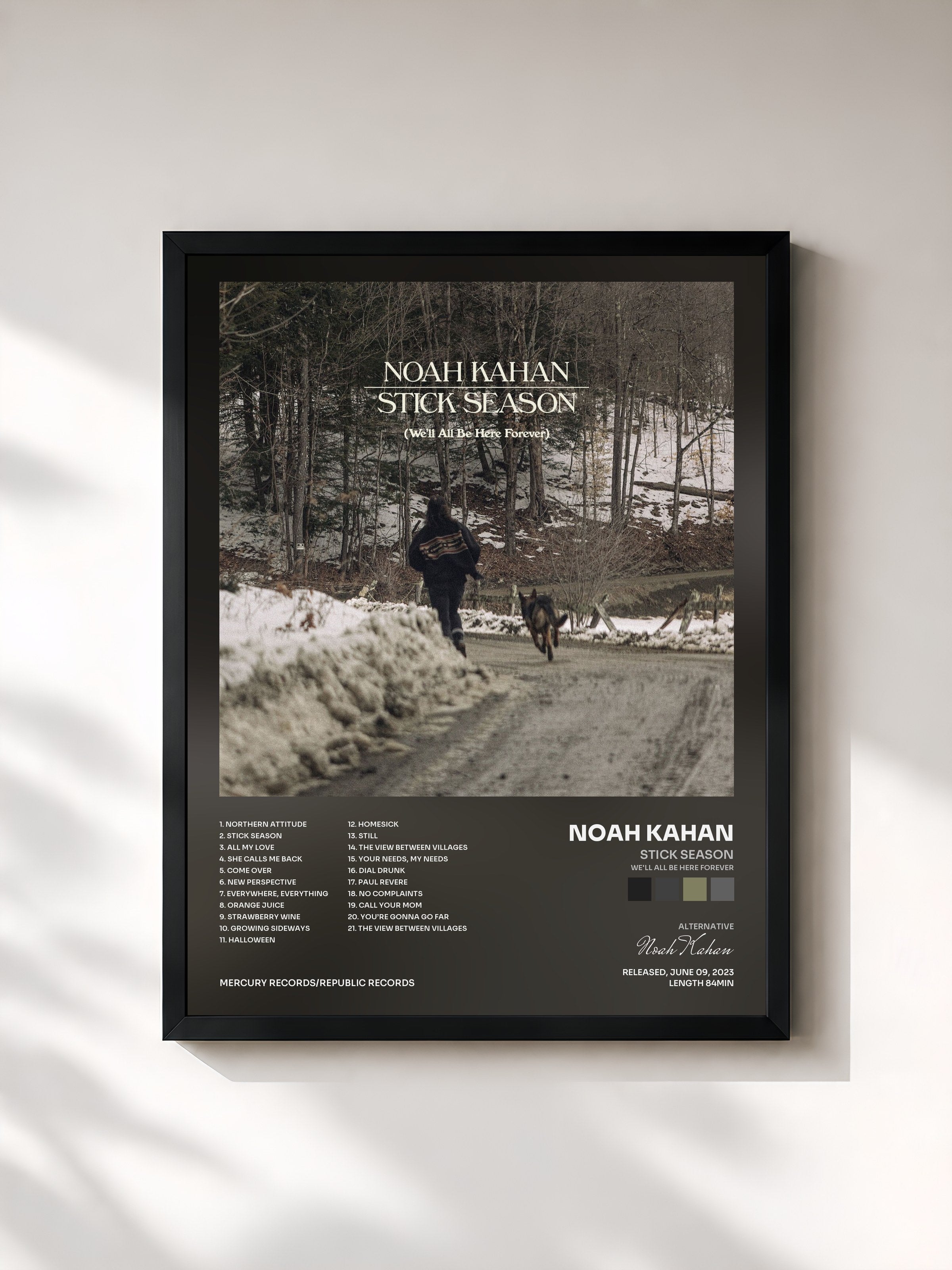 #noir Tableau de l'album Stick Season (We'll All Be Here Forever) de Noah Kahan, cadre noir, imprimé et encadré en France