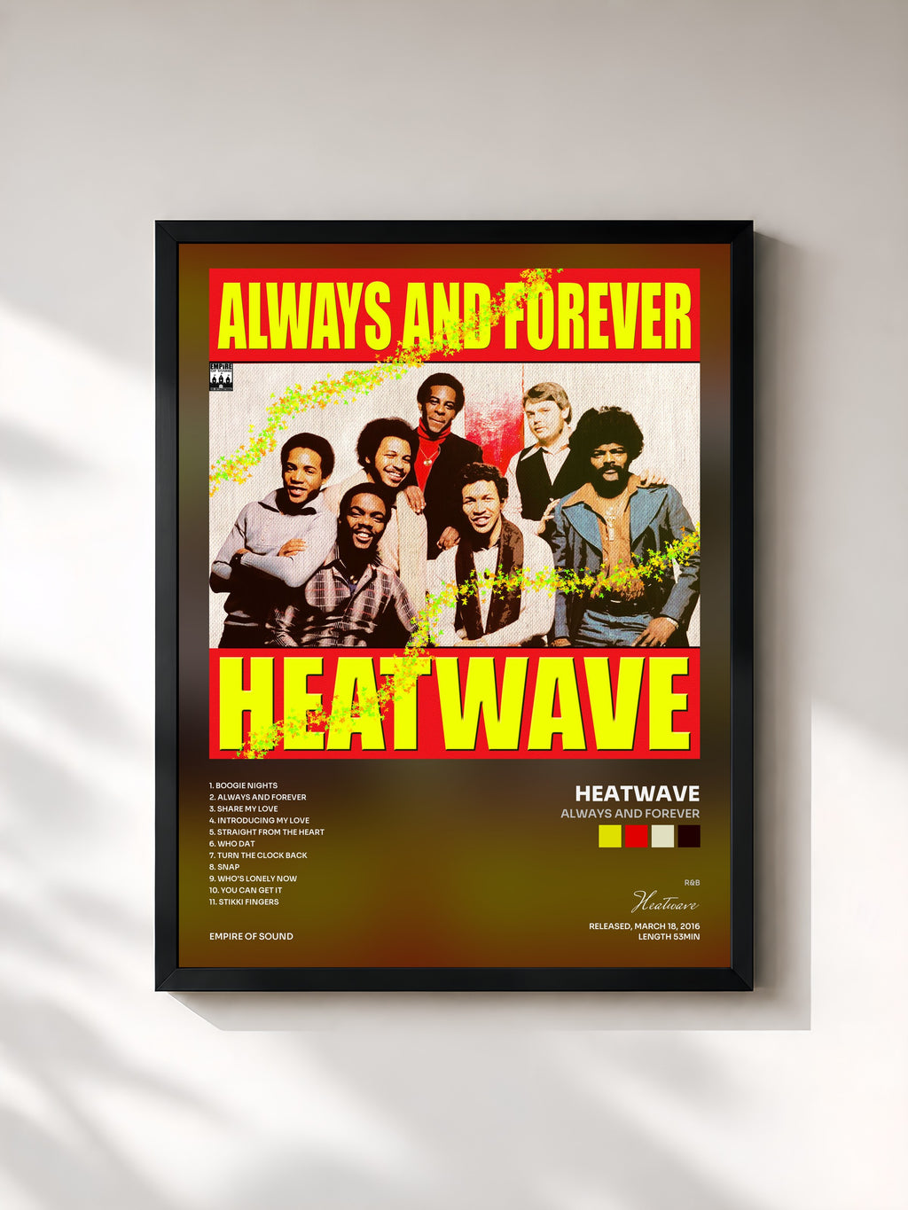 #noir Tableau de l'album Always and Forever de Heatwave, cadre noir, imprimé et encadré en France