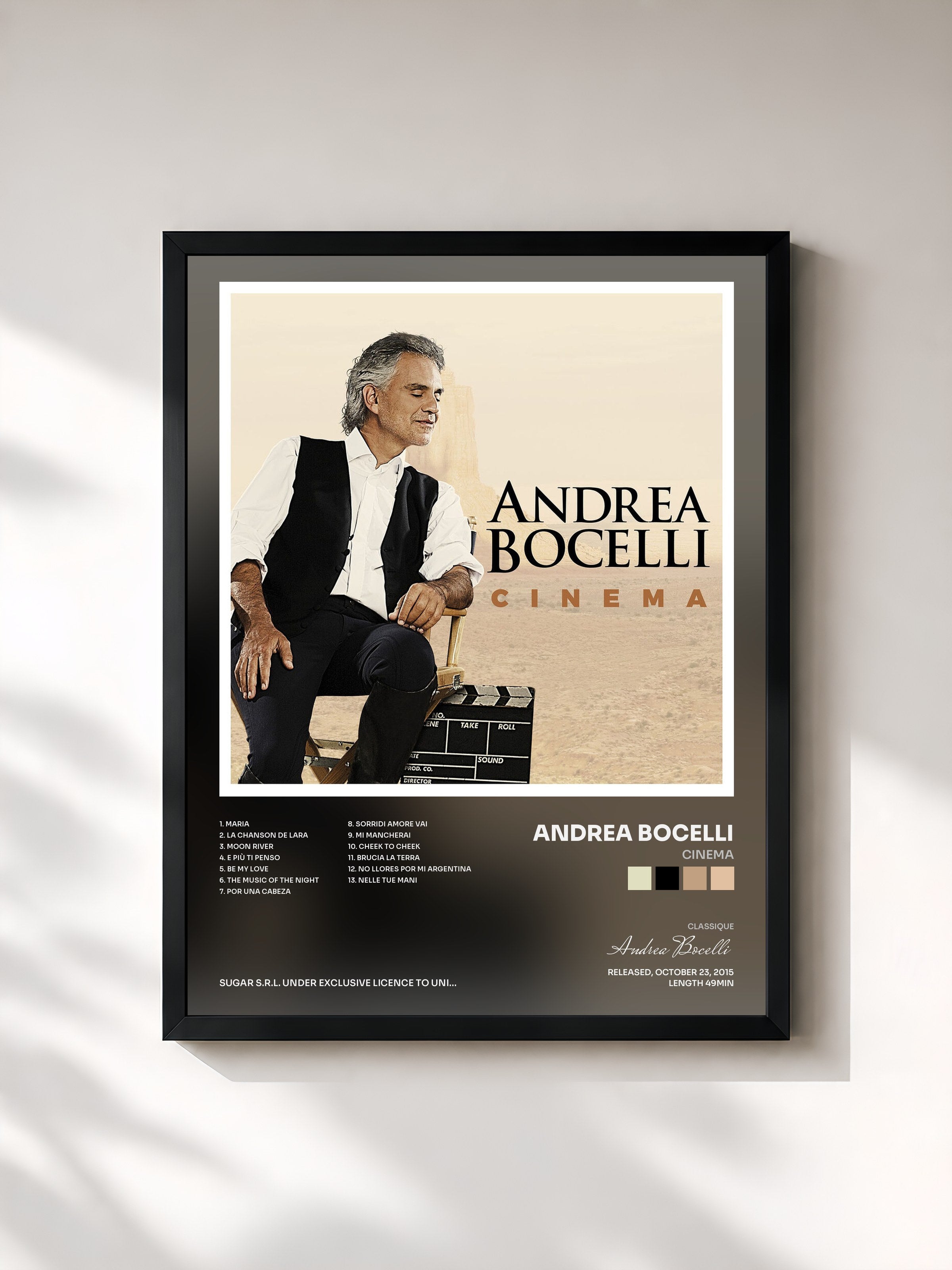 #noir Tableau de l'album Cinema de Andrea Bocelli, cadre noir, imprimé et encadré en France