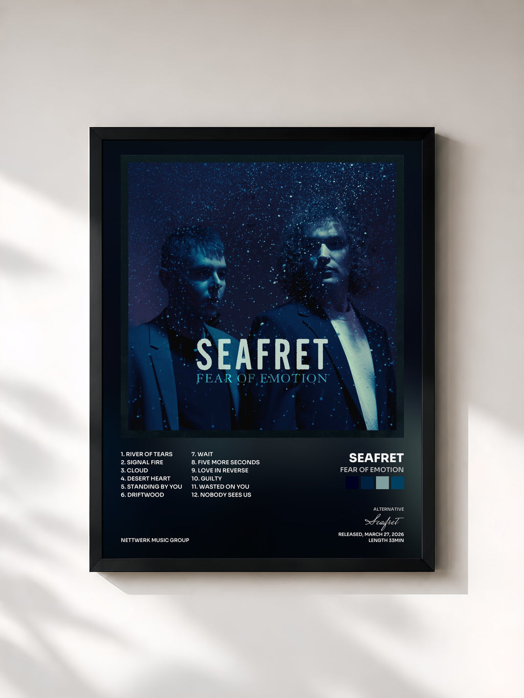 #noir Tableau de l'album Fear Of Emotion de Seafret, cadre noir, imprimé et encadré en France
