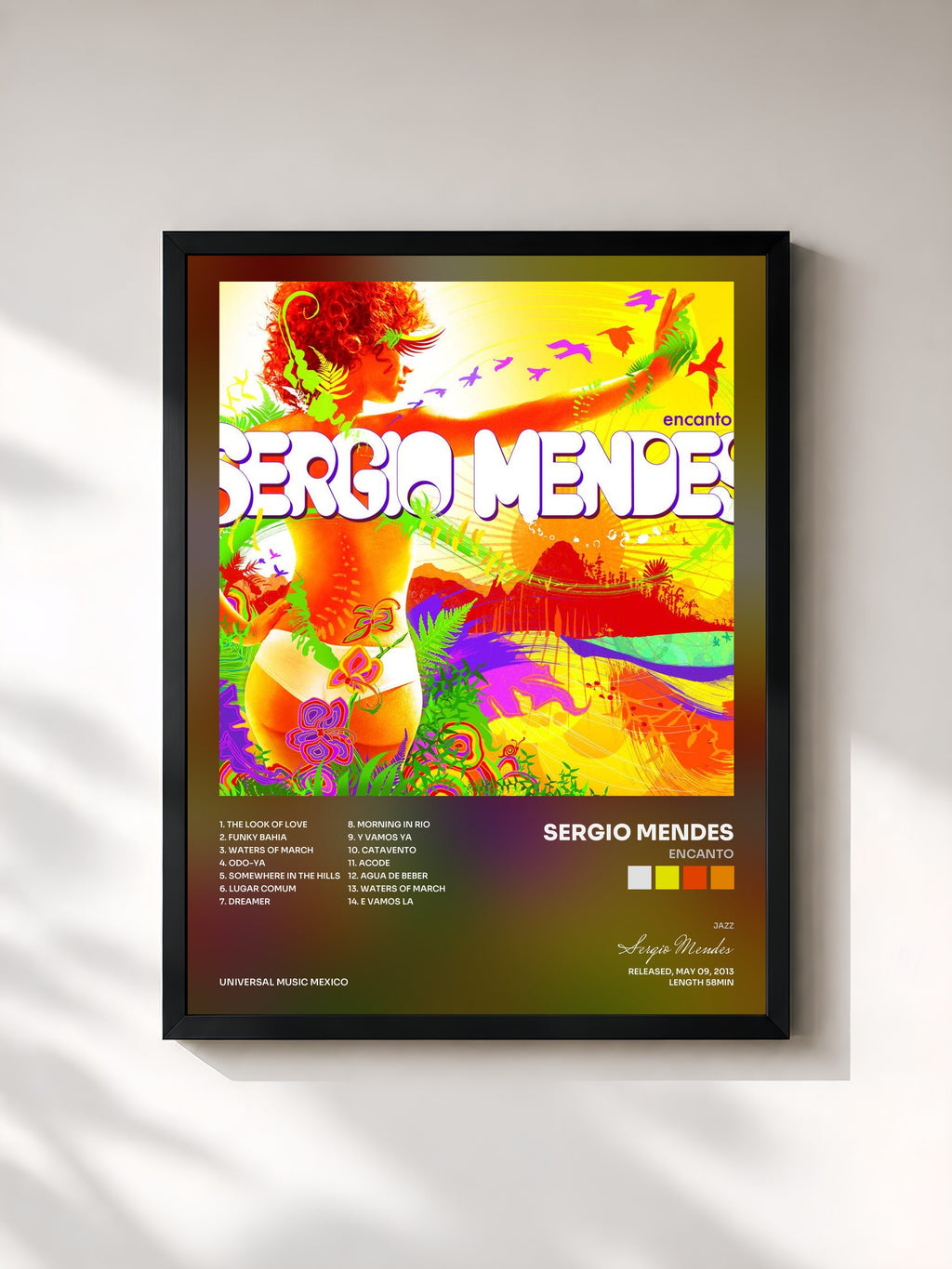 #noir Tableau de l'album Encanto de Sergio Mendes, cadre noir, imprimé et encadré en France