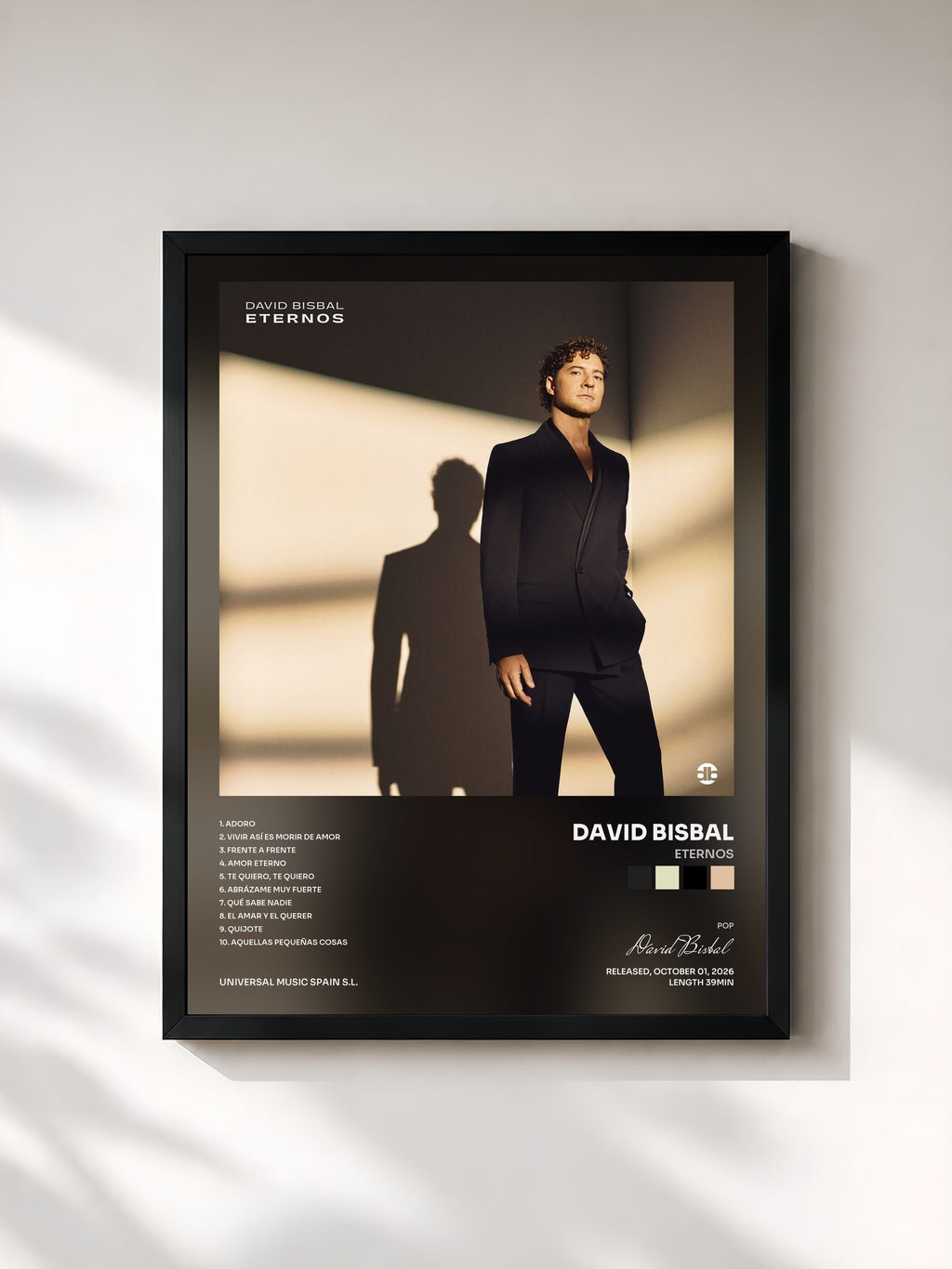 #noir Tableau de l'album Eternos de David Bisbal, cadre noir, imprimé et encadré en France
