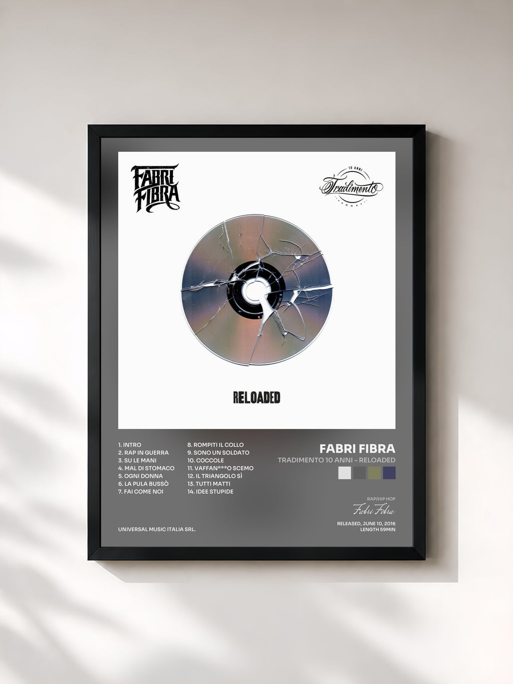 #noir Tableau de l'album Tradimento 10 Anni - Reloaded de Fabri Fibra, cadre noir, imprimé et encadré en France