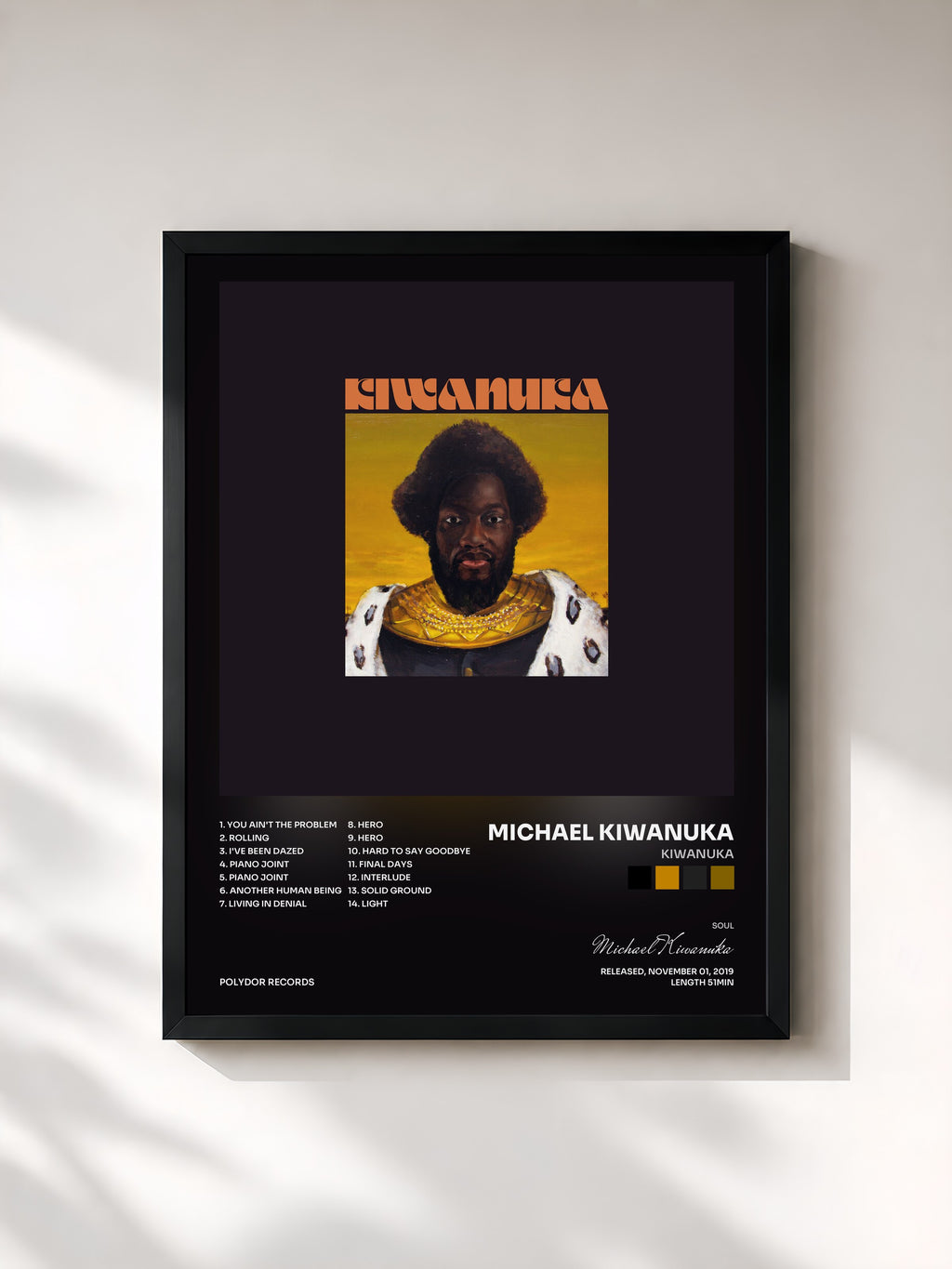 #noir Tableau de l'album KIWANUKA de Michael Kiwanuka, cadre noir, imprimé et encadré en France