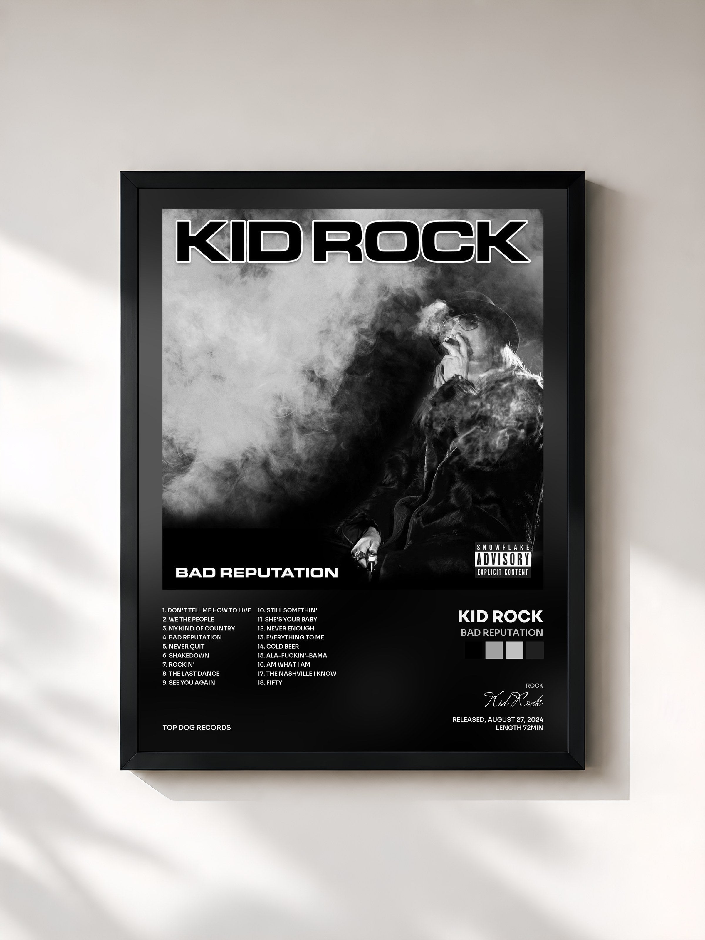 #noir Tableau de l'album Bad Reputation de Kid Rock, cadre noir, imprimé et encadré en France