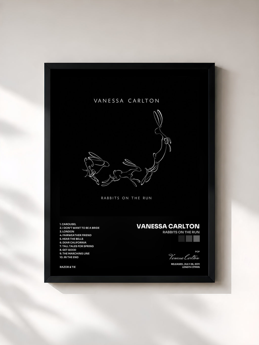 #noir Tableau de l'album Rabbits On The Run de Vanessa Carlton, cadre noir, imprimé et encadré en France