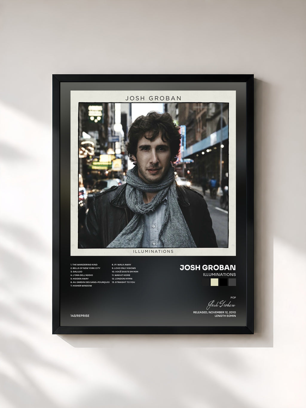 #noir Tableau de l'album Illuminations de Josh Groban, cadre noir, imprimé et encadré en France