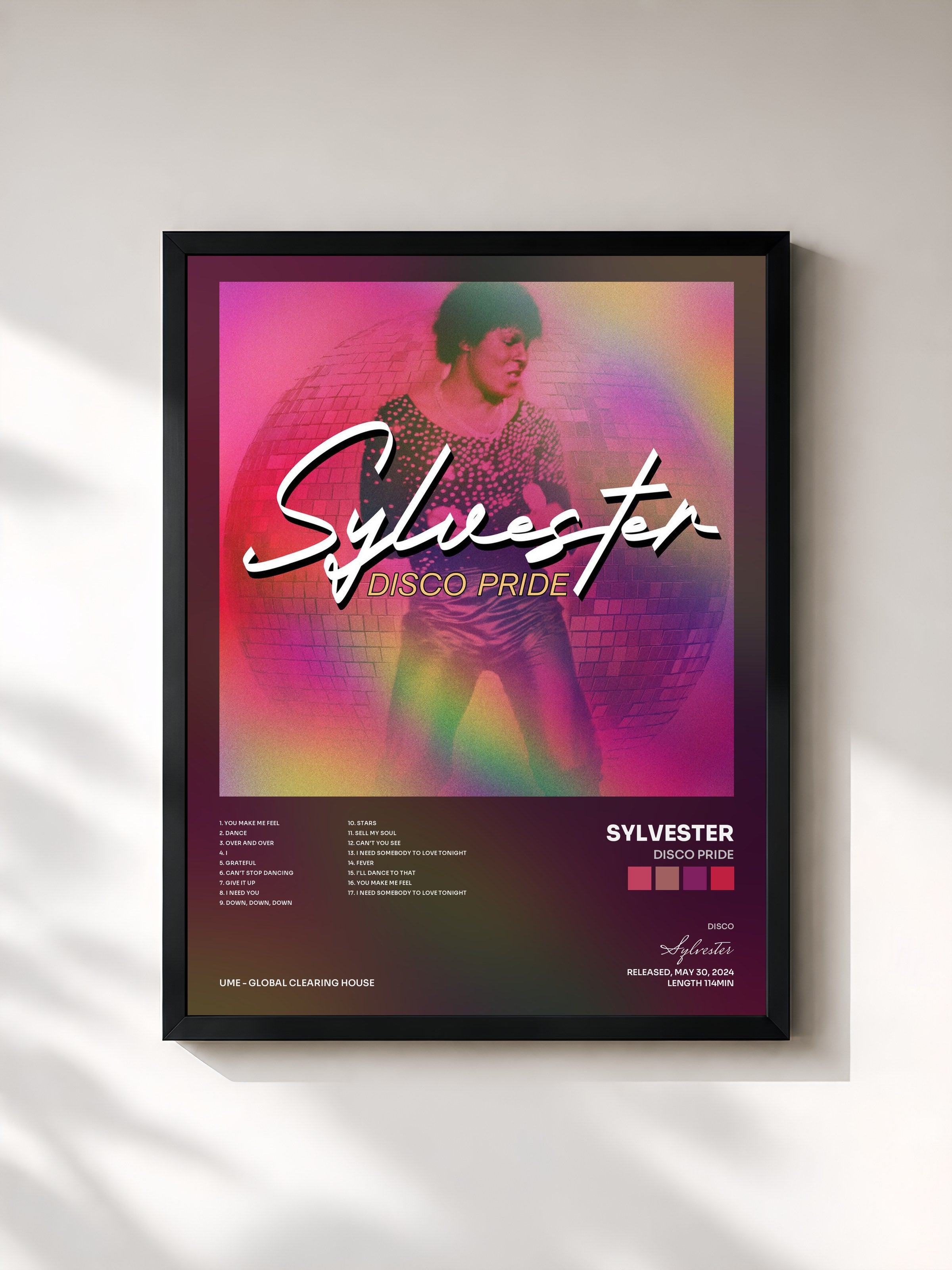 #noir Tableau de l'album Disco Pride de Sylvester, cadre noir, imprimé et encadré en France