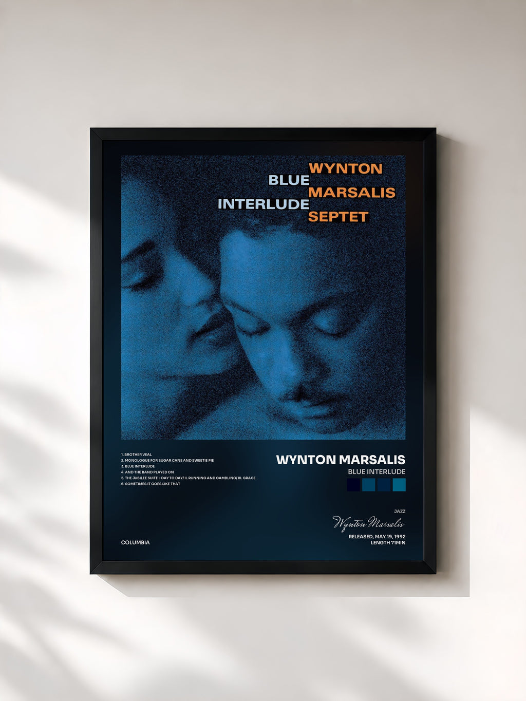 #noir Tableau de l'album Blue Interlude de Wynton Marsalis, cadre noir, imprimé et encadré en France