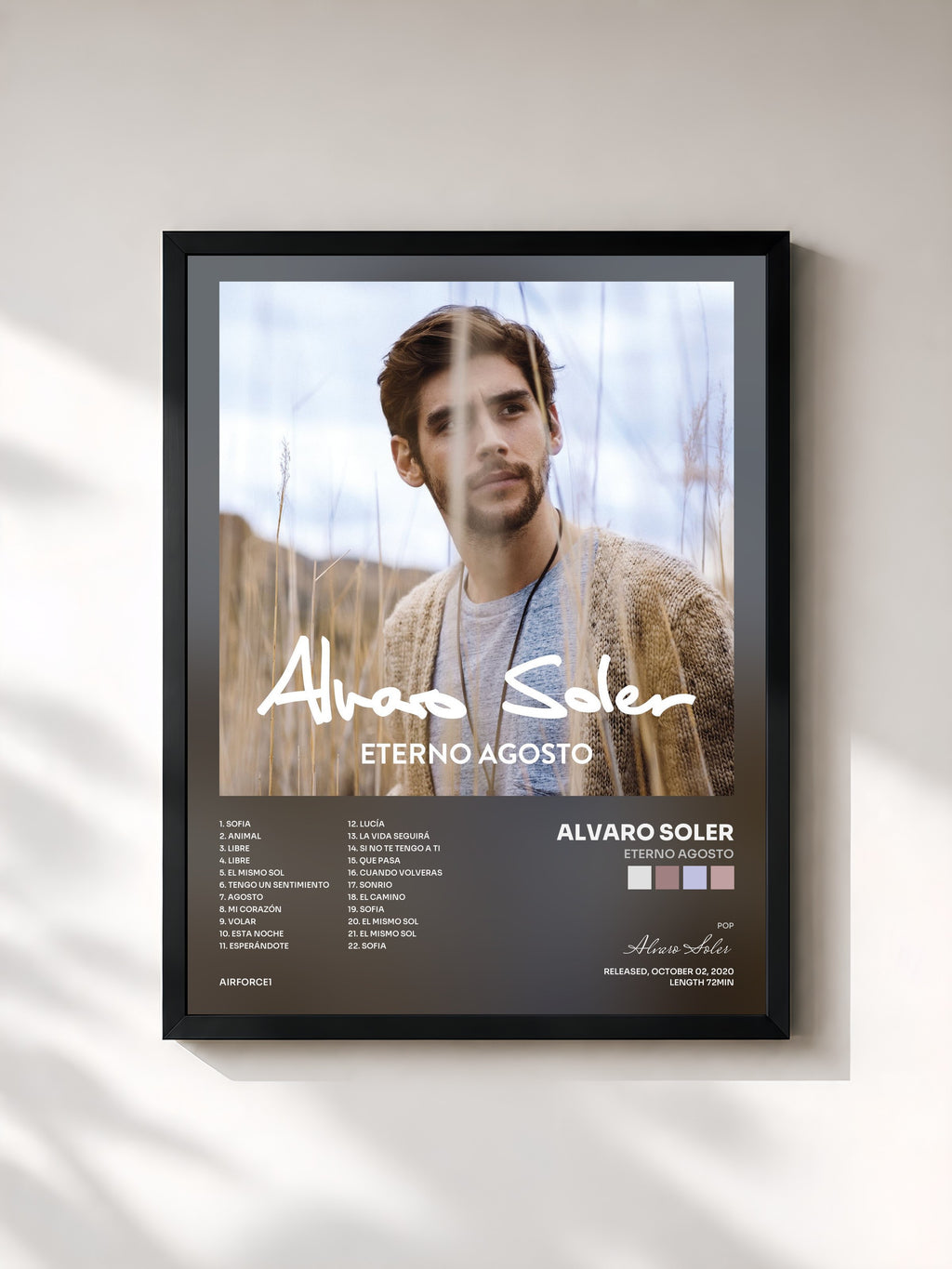 #noir Tableau de l'album Eterno Agosto de Alvaro Soler, cadre noir, imprimé et encadré en France