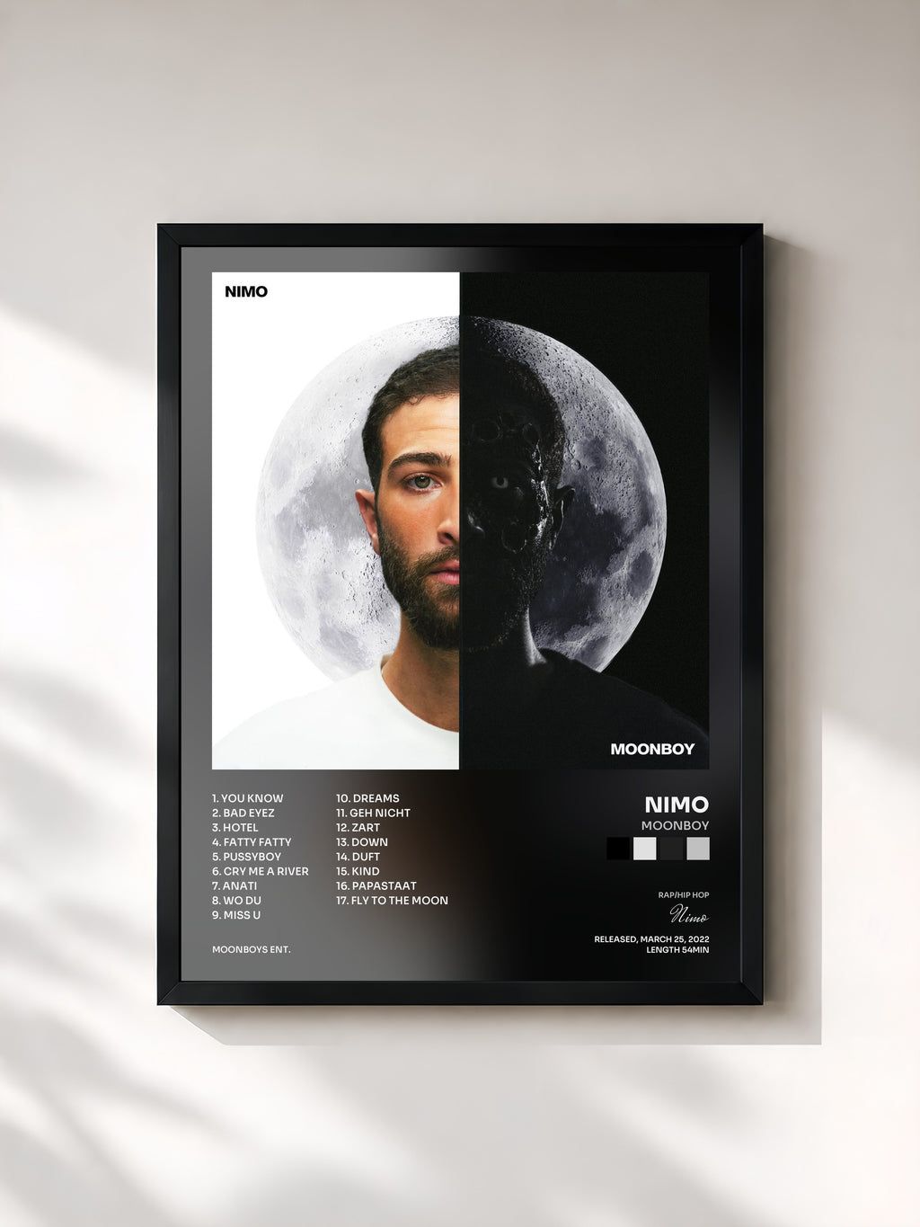 #noir Tableau de l'album MOONBOY de Nimo, cadre noir, imprimé et encadré en France