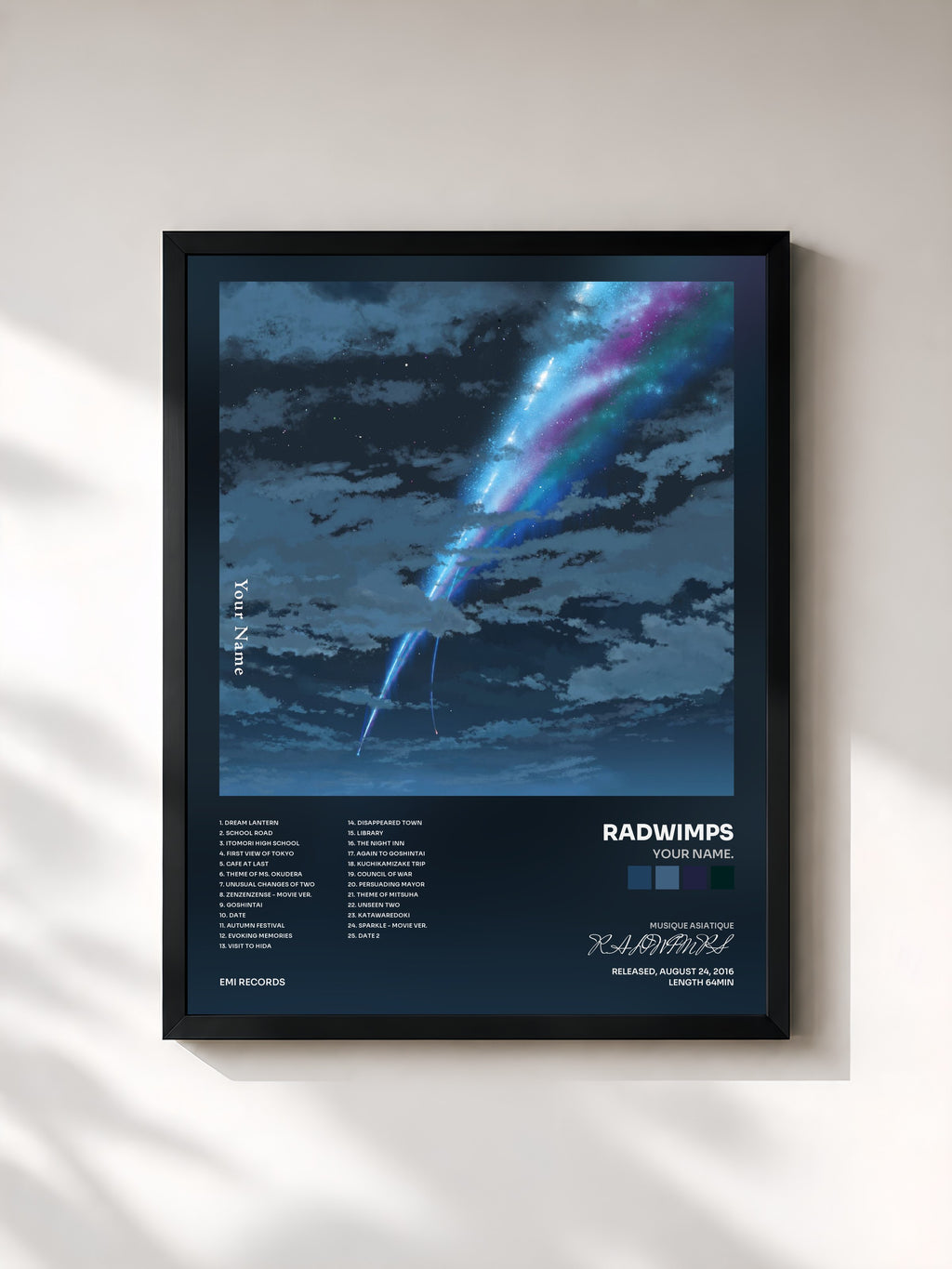 #noir Tableau de l'album Your Name. de RADWIMPS, cadre noir, imprimé et encadré en France