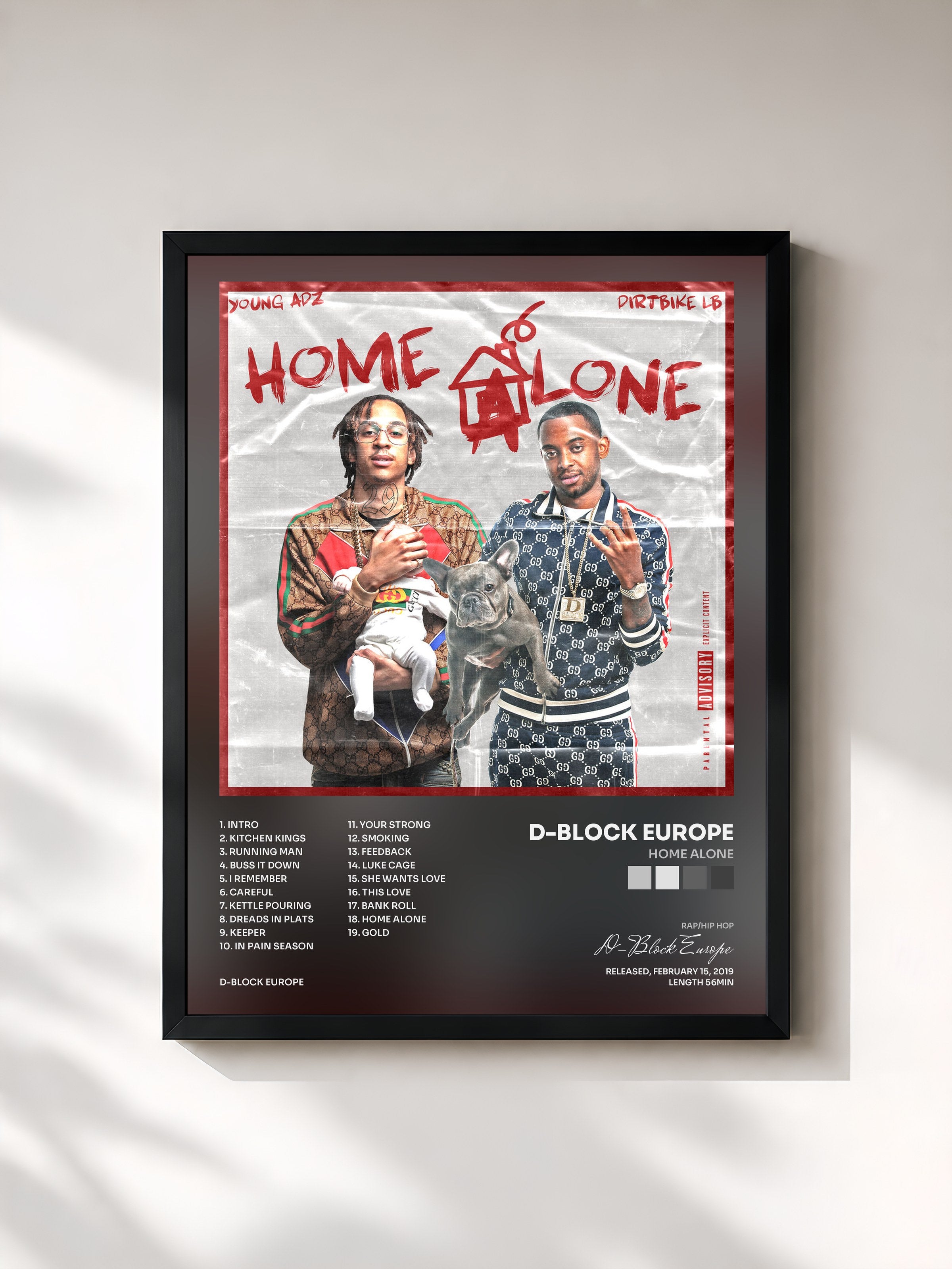 #noir Tableau de l'album Home Alone de D-Block Europe, cadre noir, imprimé et encadré en France