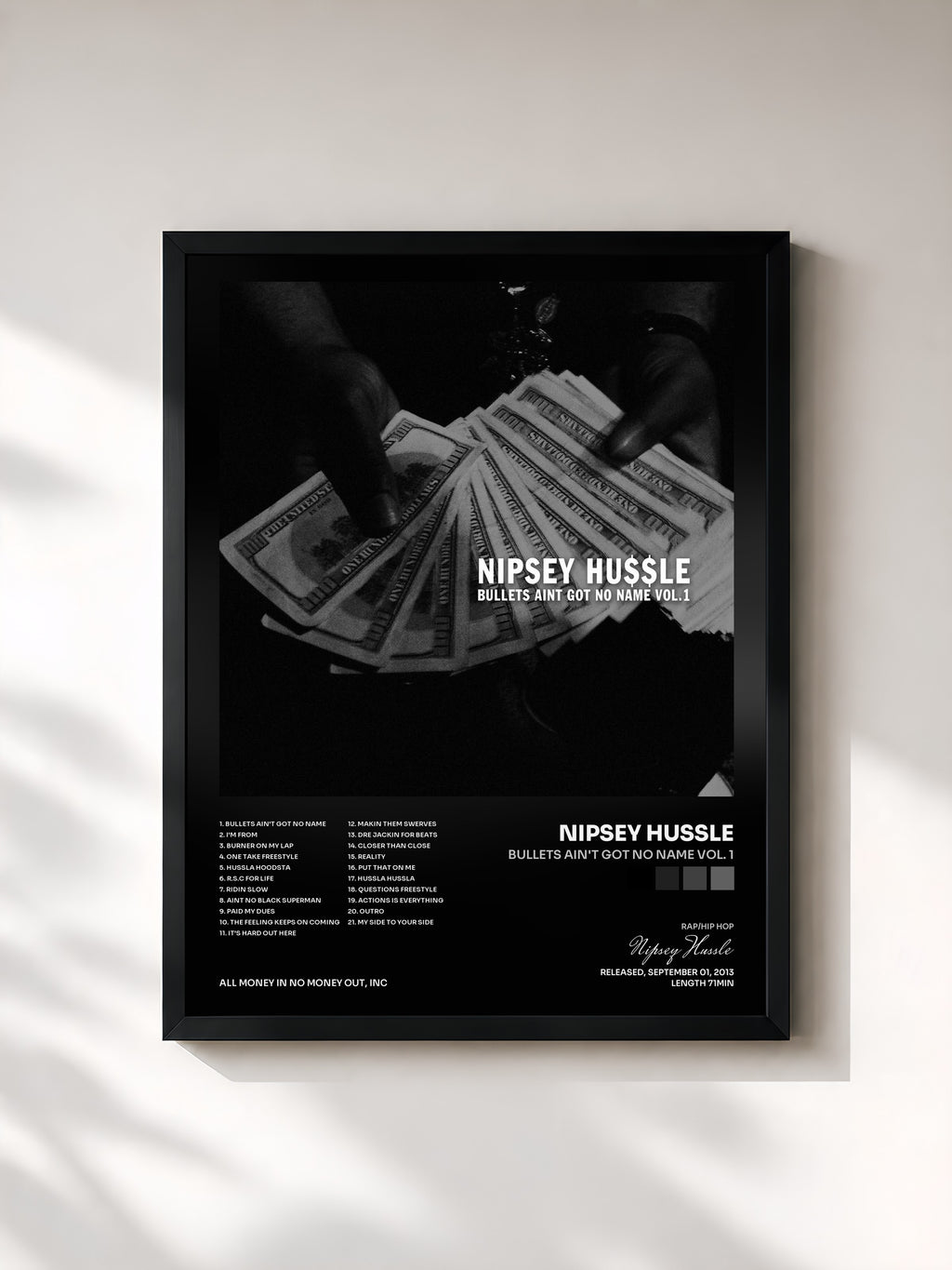 #noir Tableau de l'album Bullets Ain't Got No Name Vol. 1 de Nipsey Hussle, cadre noir, imprimé et encadré en France