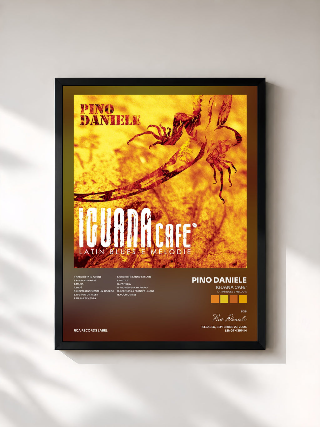 #noir Tableau de l'album Iguana Cafe' (Latin Blues E Melodie) de Pino Daniele, cadre noir, imprimé et encadré en France