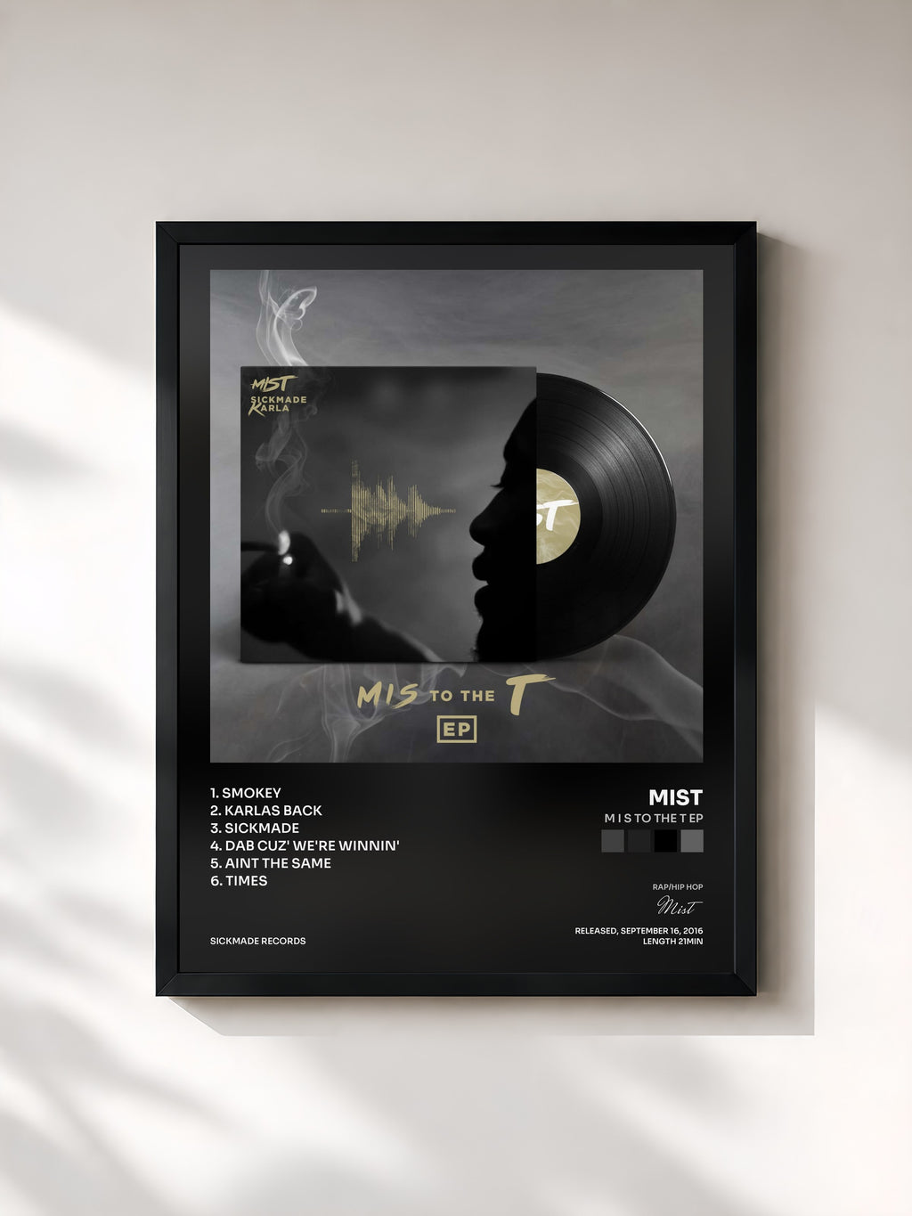 #noir Tableau de l'album M I S To The T EP de Mist, cadre noir, imprimé et encadré en France