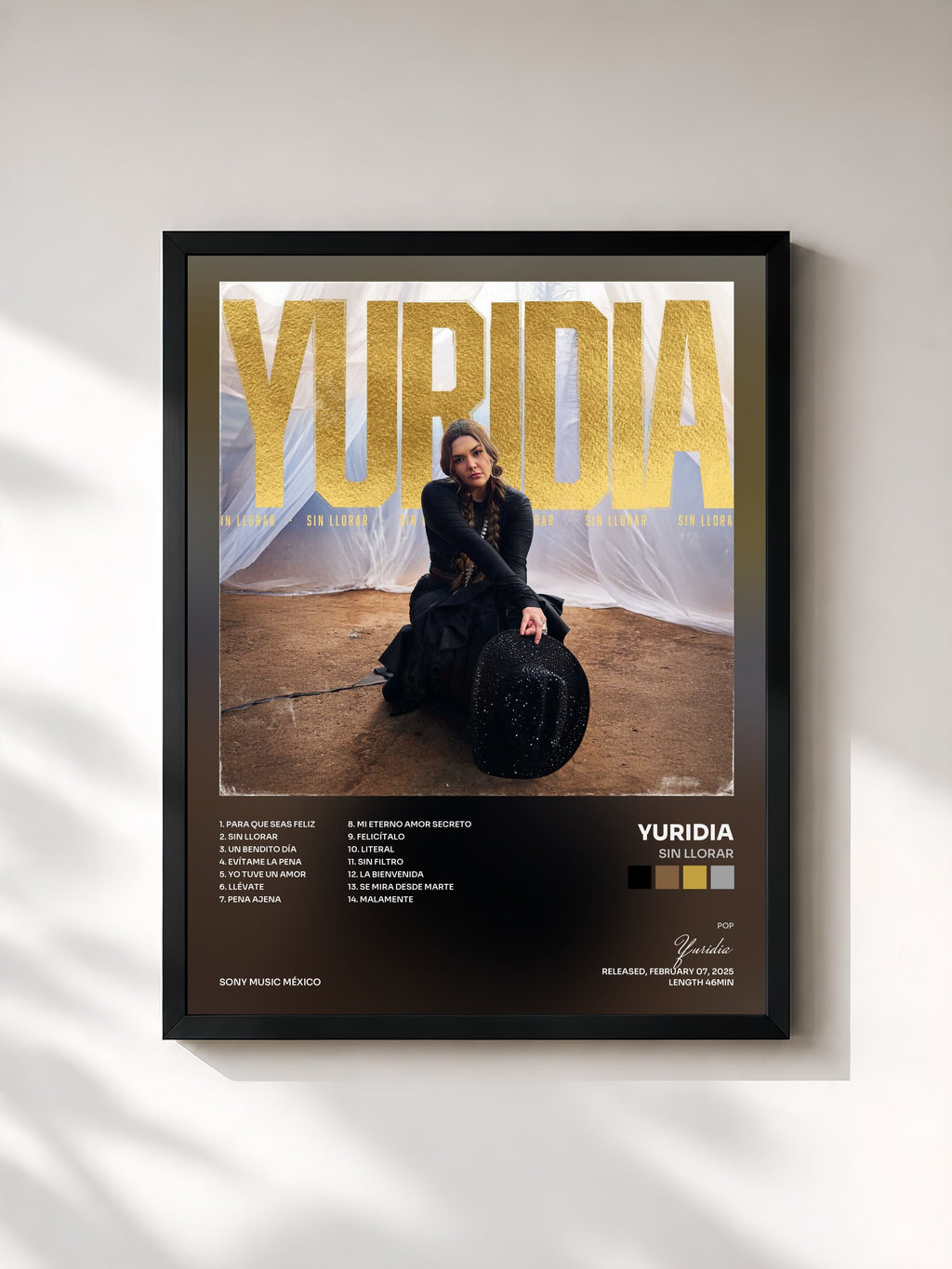 #noir Tableau de l'album Sin Llorar de Yuridia, cadre noir, imprimé et encadré en France