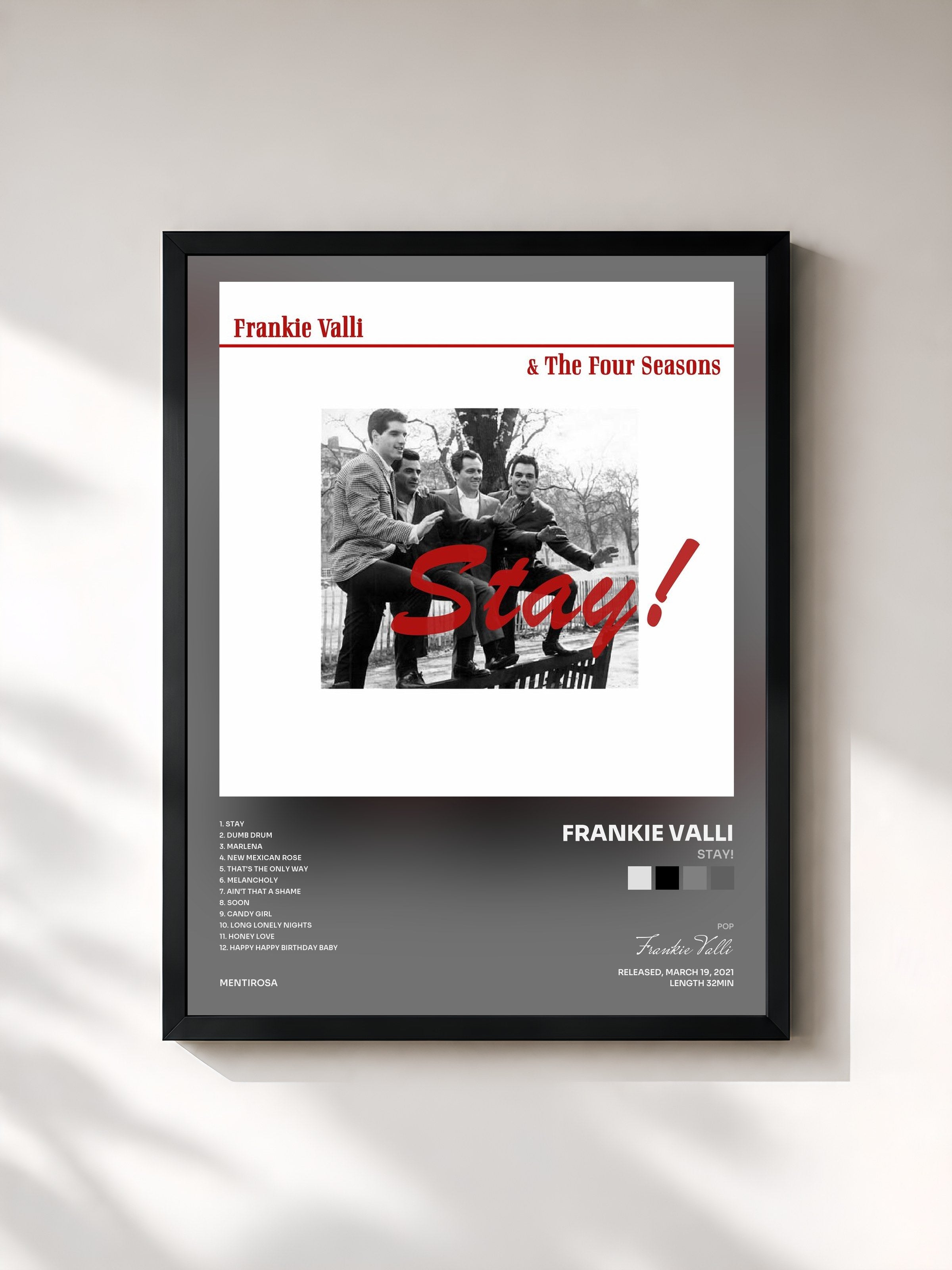 #noir Tableau de l'album Stay! de Frankie Valli, cadre noir, imprimé et encadré en France