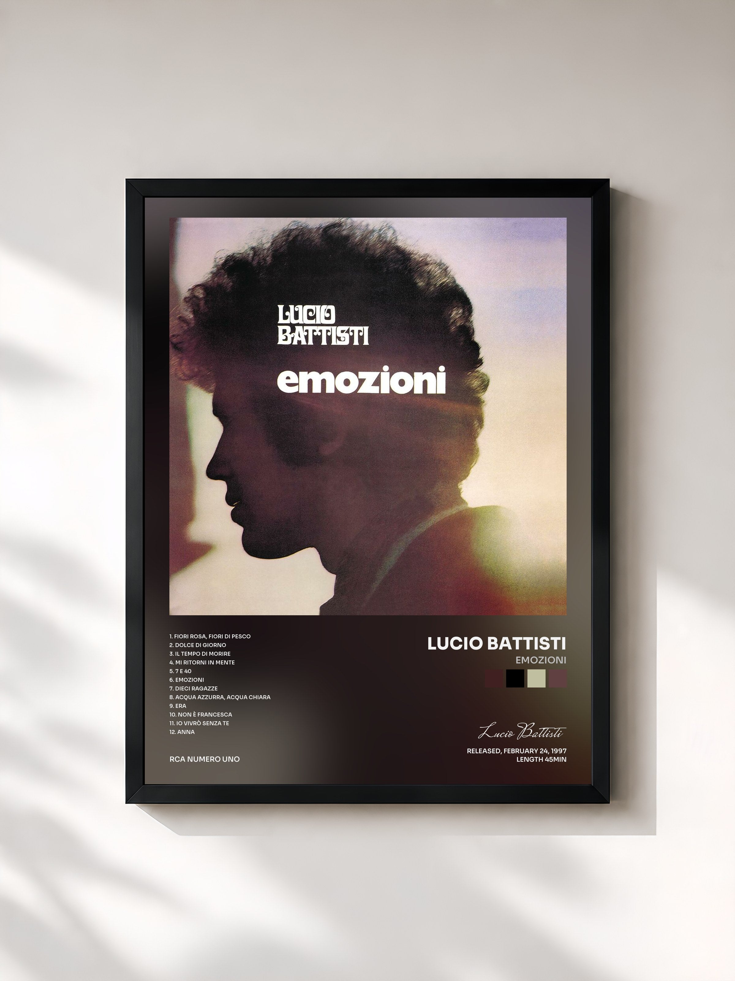 #noir Tableau de l'album Emozioni de Lucio Battisti, cadre noir, imprimé et encadré en France