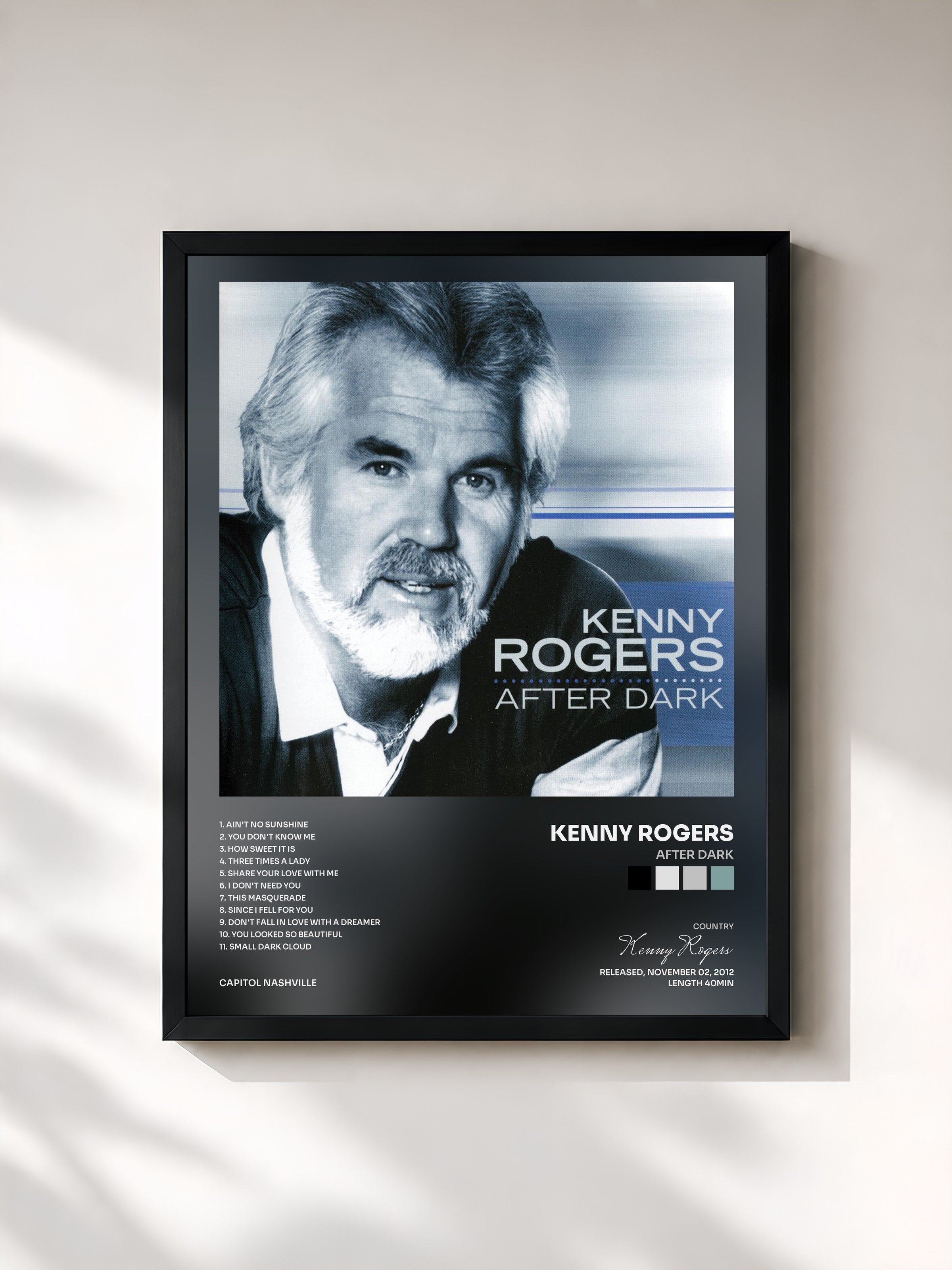 #noir Tableau de l'album After Dark de Kenny Rogers, cadre noir, imprimé et encadré en France