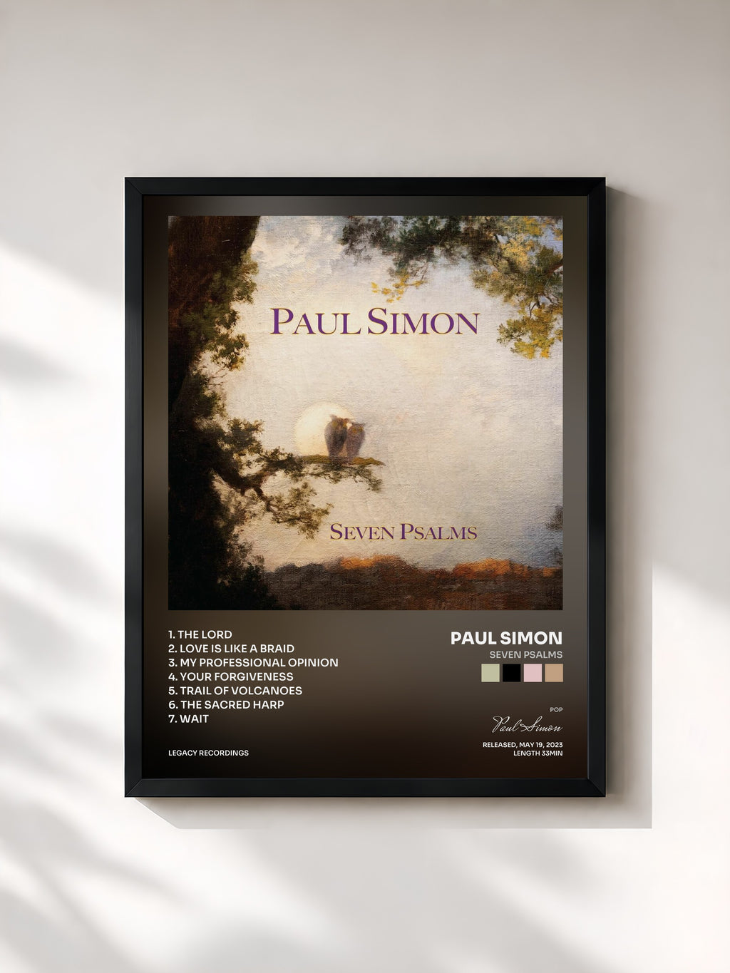 #noir Tableau de l'album Seven Psalms de Paul Simon, cadre noir, imprimé et encadré en France