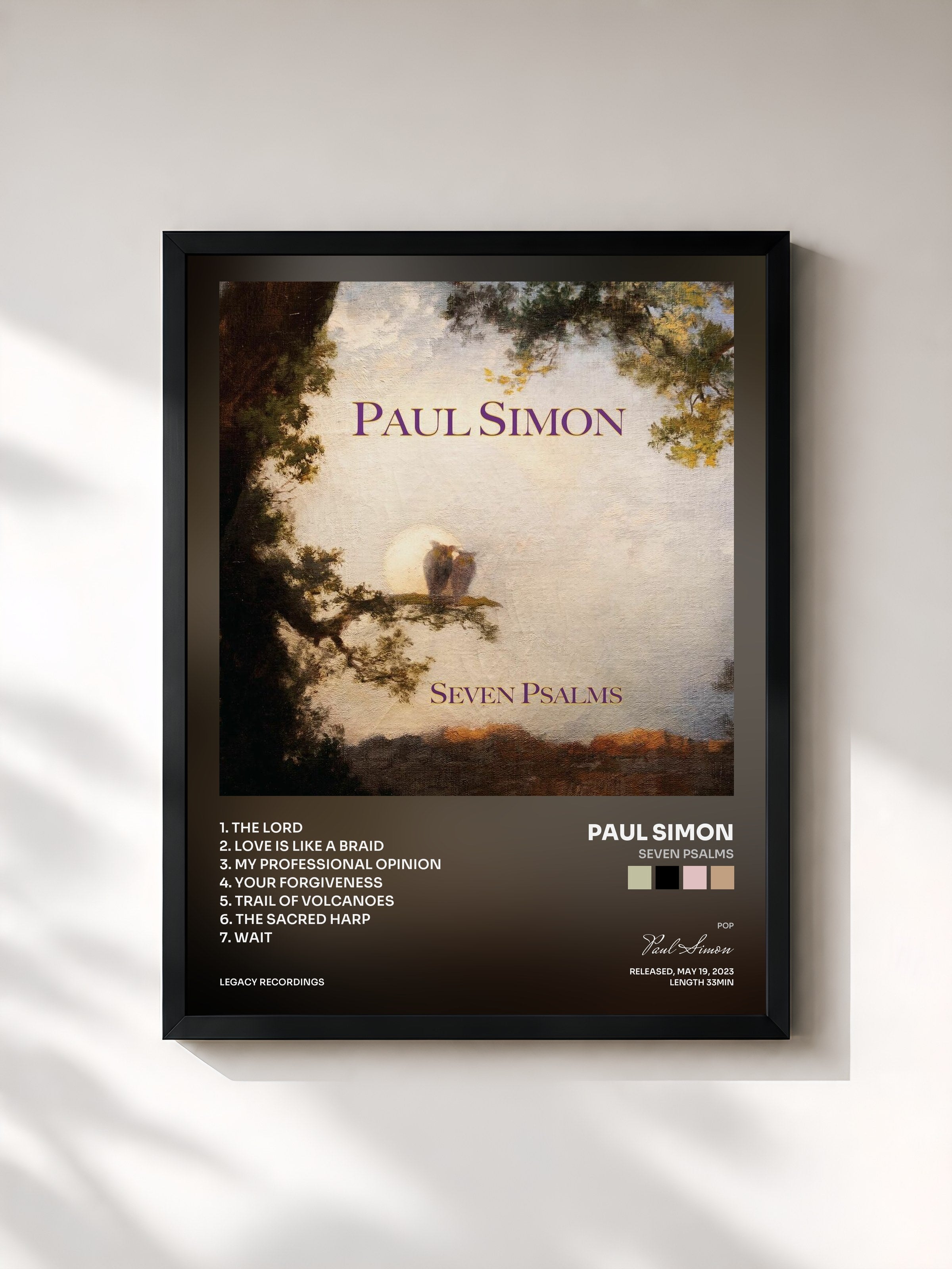 #noir Tableau de l'album Seven Psalms de Paul Simon, cadre noir, imprimé et encadré en France