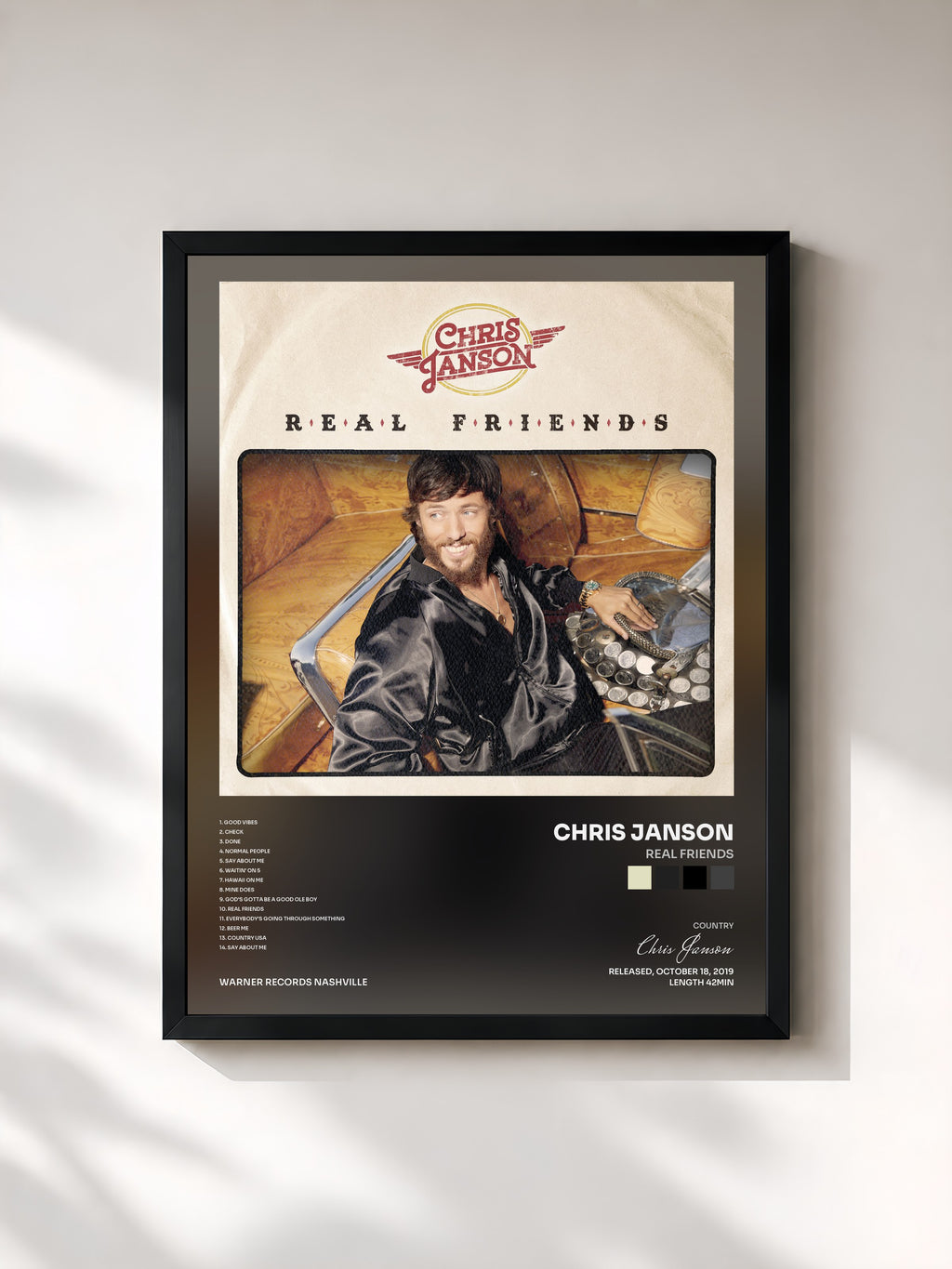 #noir Tableau de l'album Real Friends de Chris Janson, cadre noir, imprimé et encadré en France