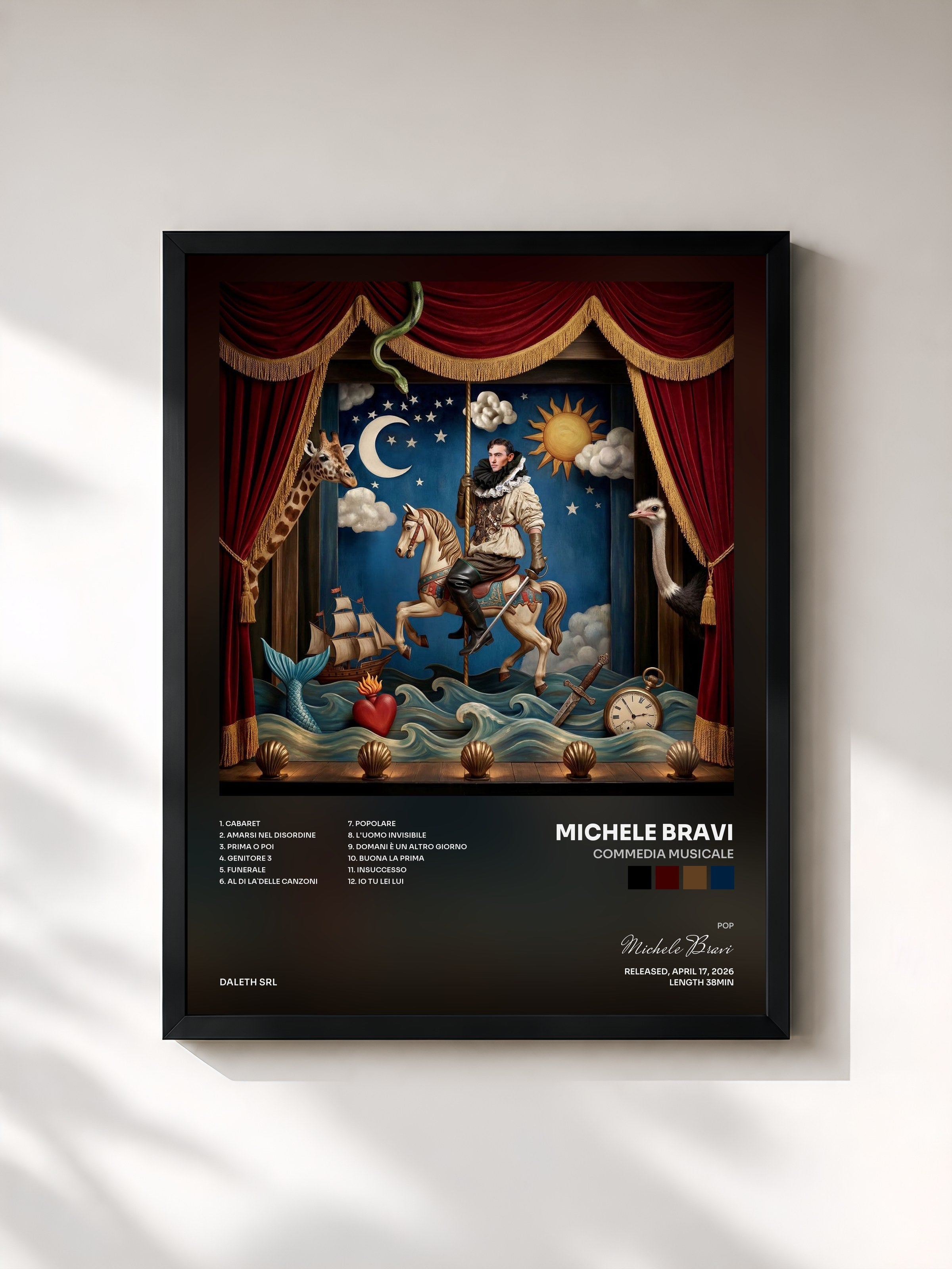 #noir Tableau de l'album Commedia musicale de Michele Bravi, cadre noir, imprimé et encadré en France
