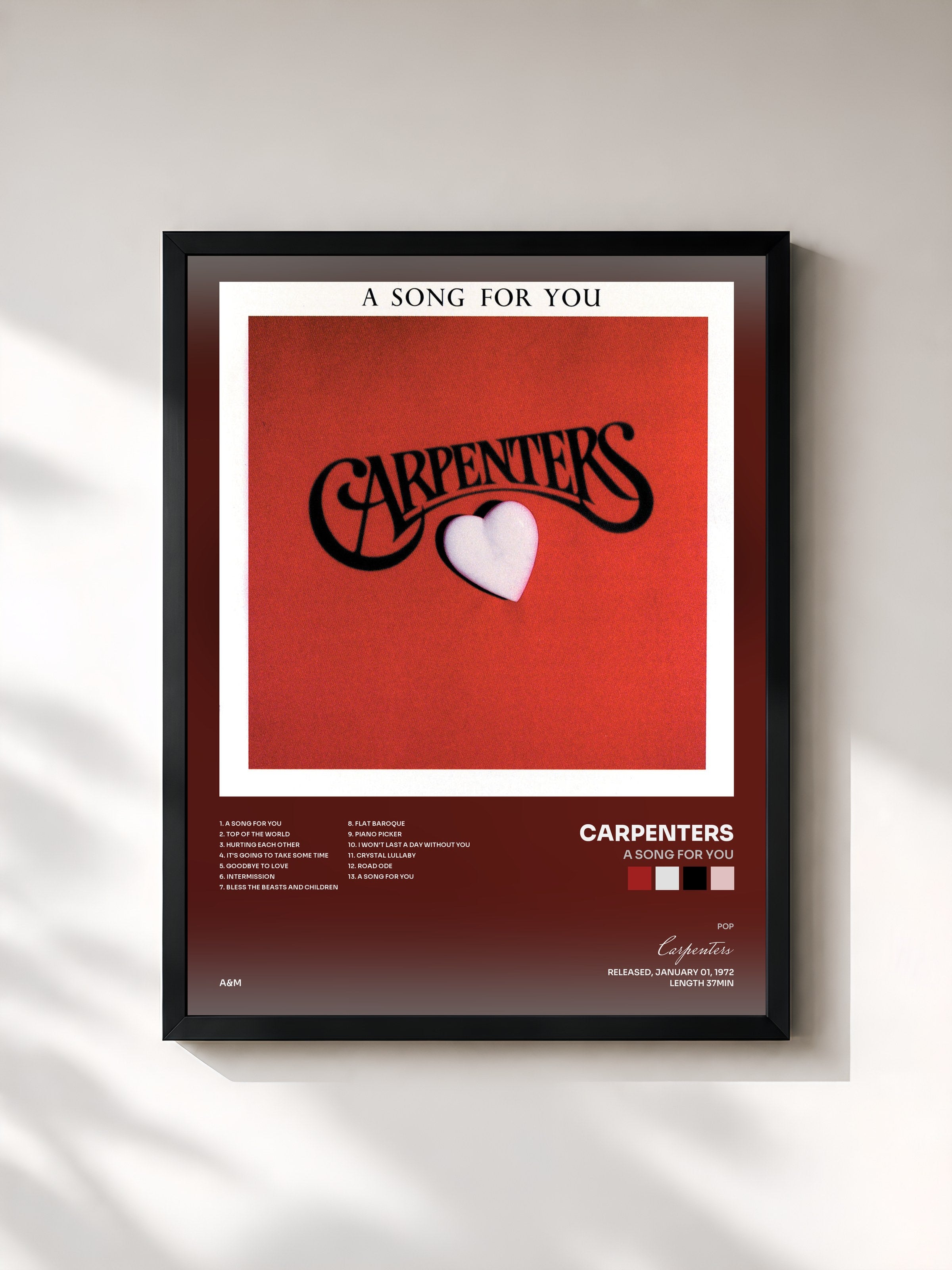 #noir Tableau de l'album A Song For You de Carpenters, cadre noir, imprimé et encadré en France