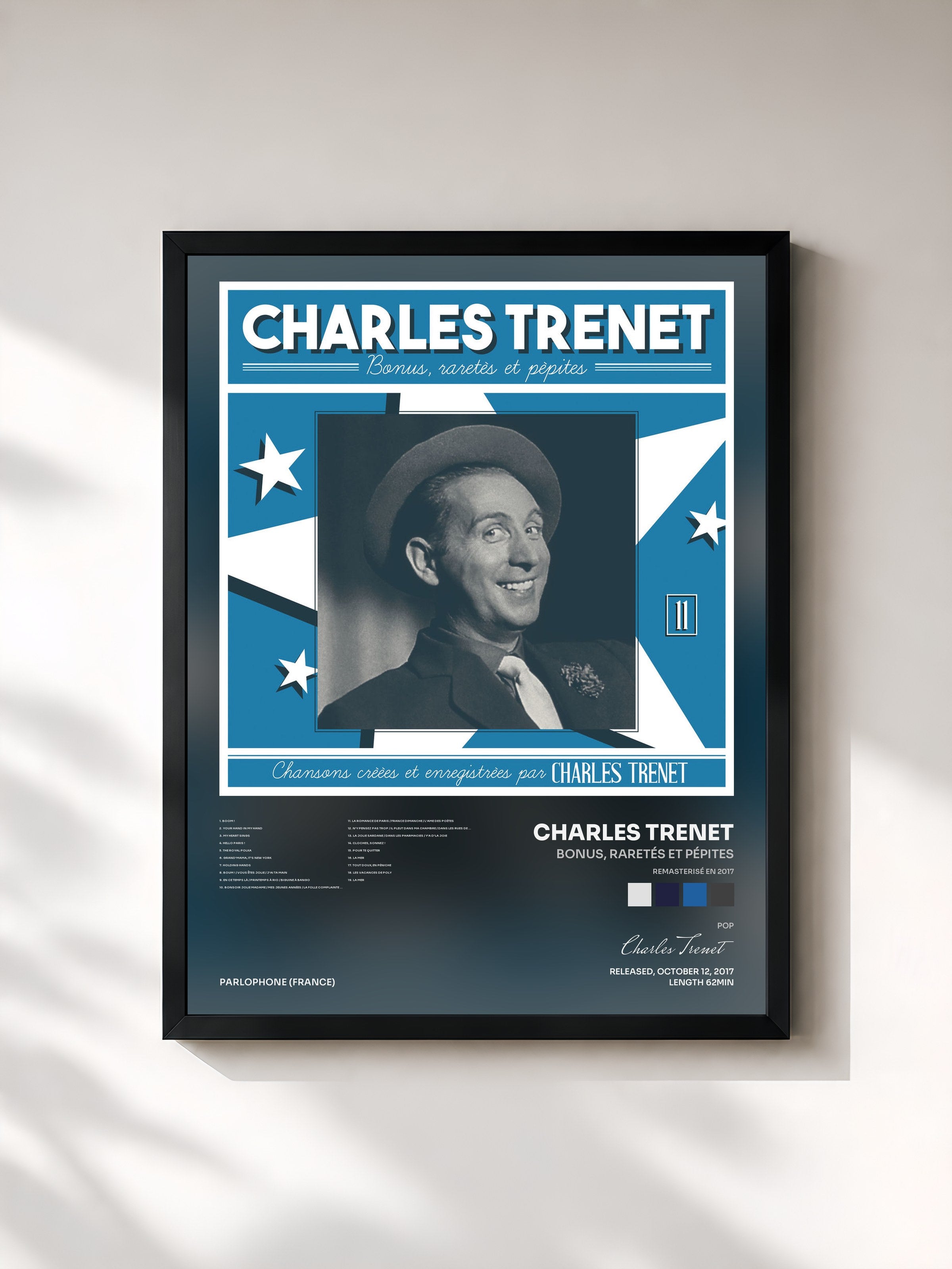 #noir Tableau de l'album Bonus, raretés et pépites (Remasterisé en 2017) de Charles Trenet, cadre noir, imprimé et encadré en France