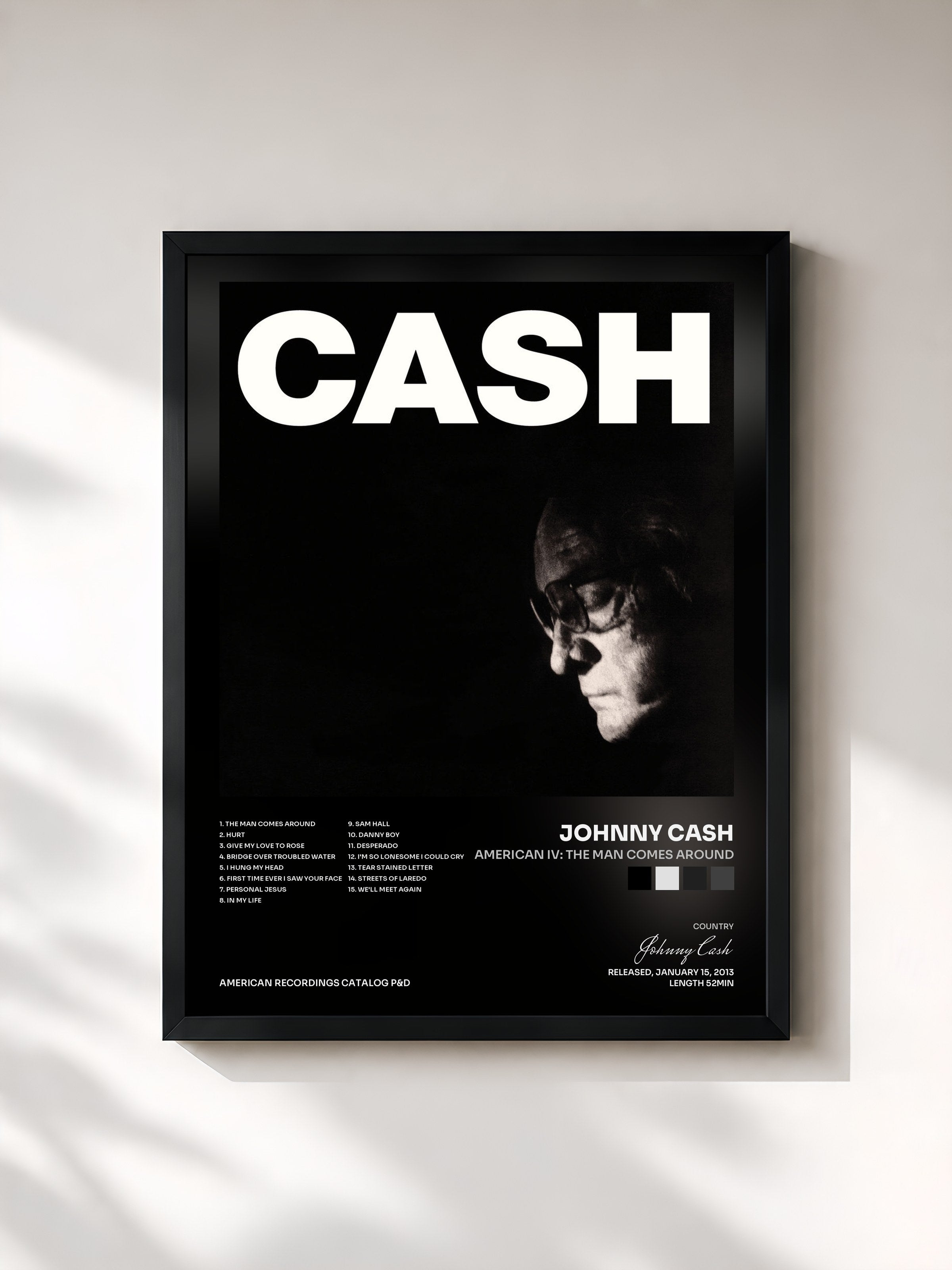 #noir Tableau de l'album American IV: The Man Comes Around de Johnny Cash, cadre noir, imprimé et encadré en France