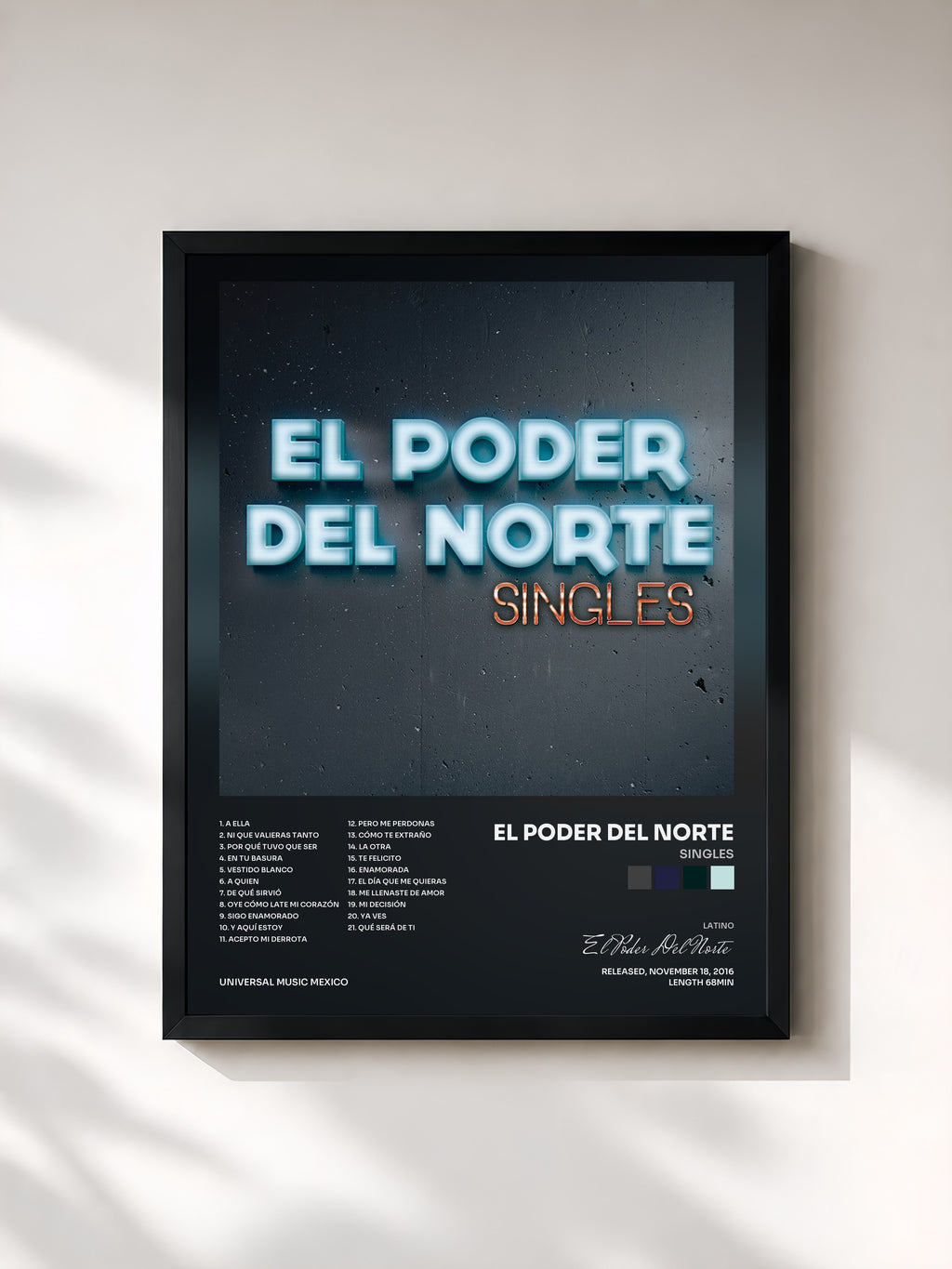 #noir Tableau de l'album Singles de El Poder Del Norte, cadre noir, imprimé et encadré en France