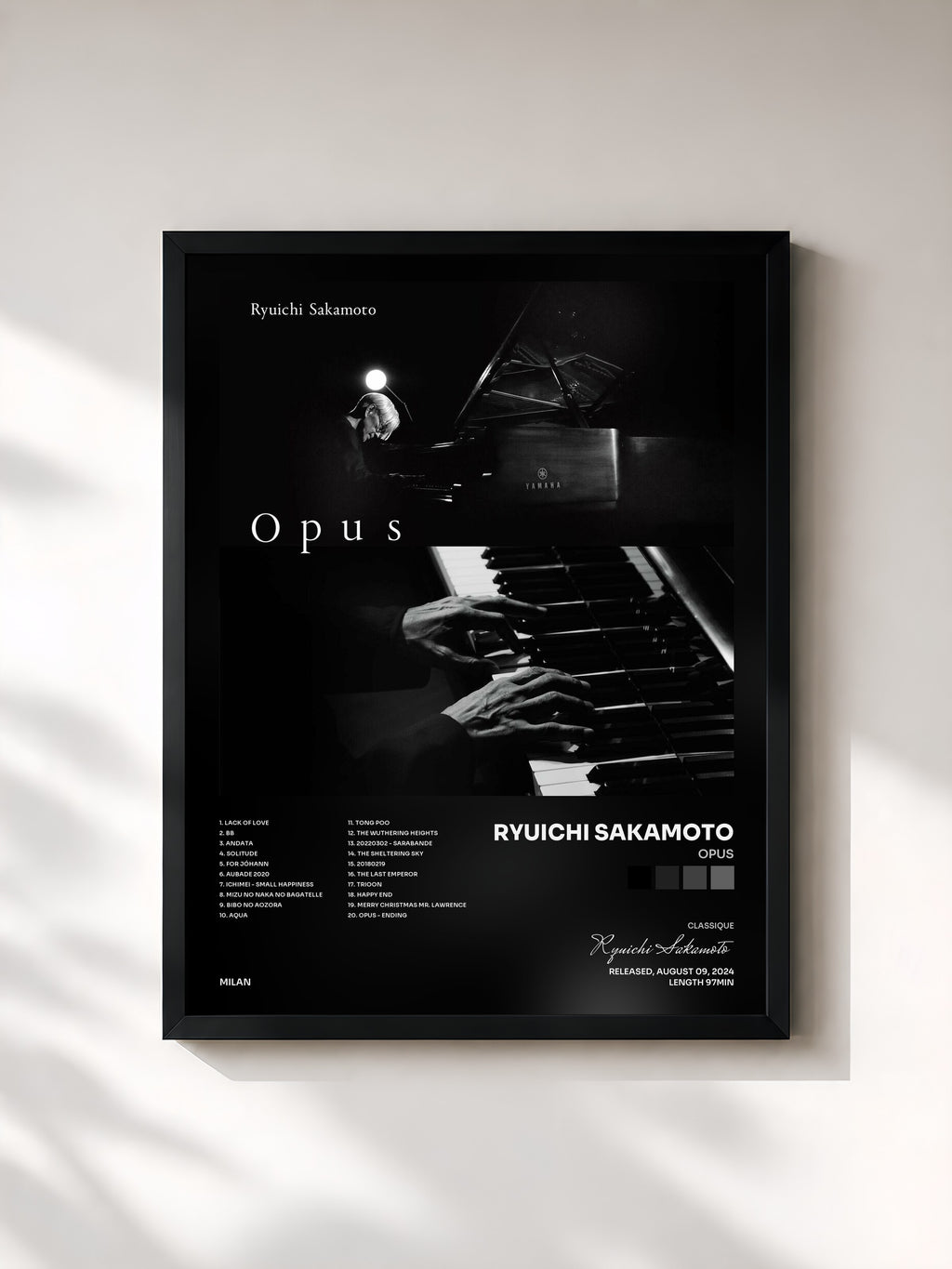 #noir Tableau de l'album Opus de Ryuichi Sakamoto, cadre noir, imprimé et encadré en France