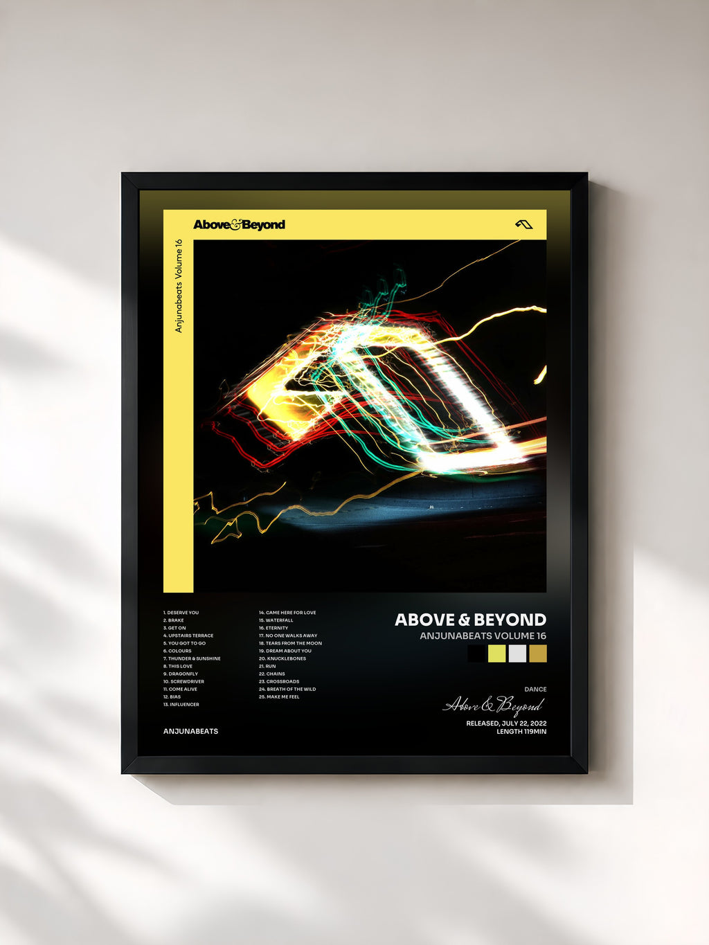 #noir Tableau de l'album Anjunabeats Volume 16 de Above & Beyond, cadre noir, imprimé et encadré en France
