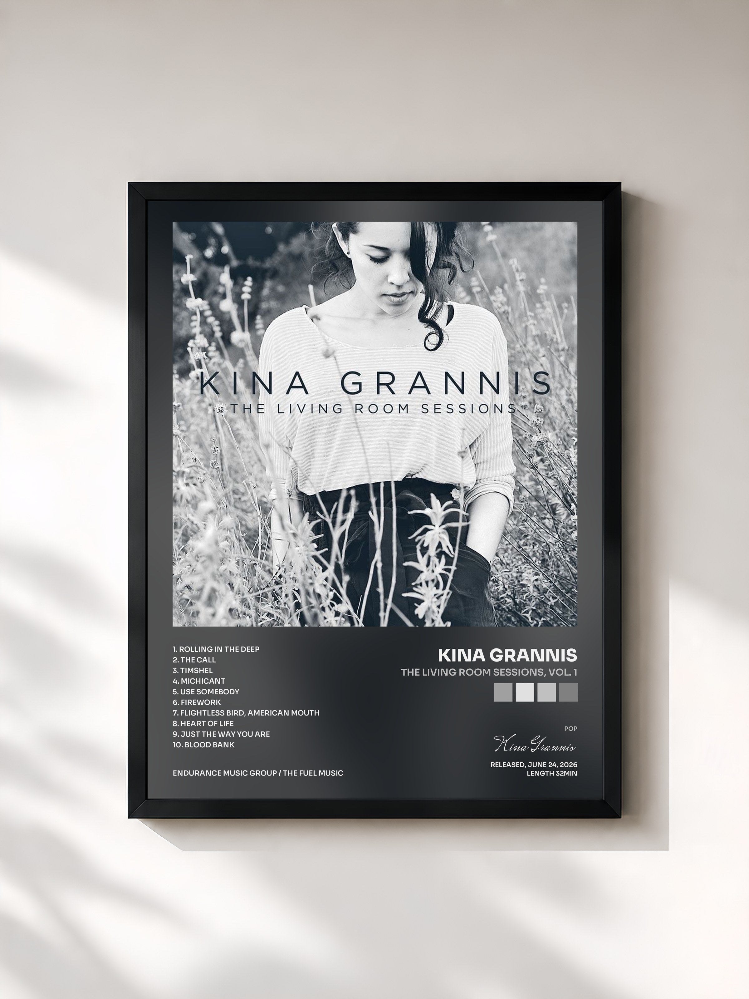 #noir Tableau de l'album The Living Room Sessions, Vol. 1 de Kina Grannis, cadre noir, imprimé et encadré en France