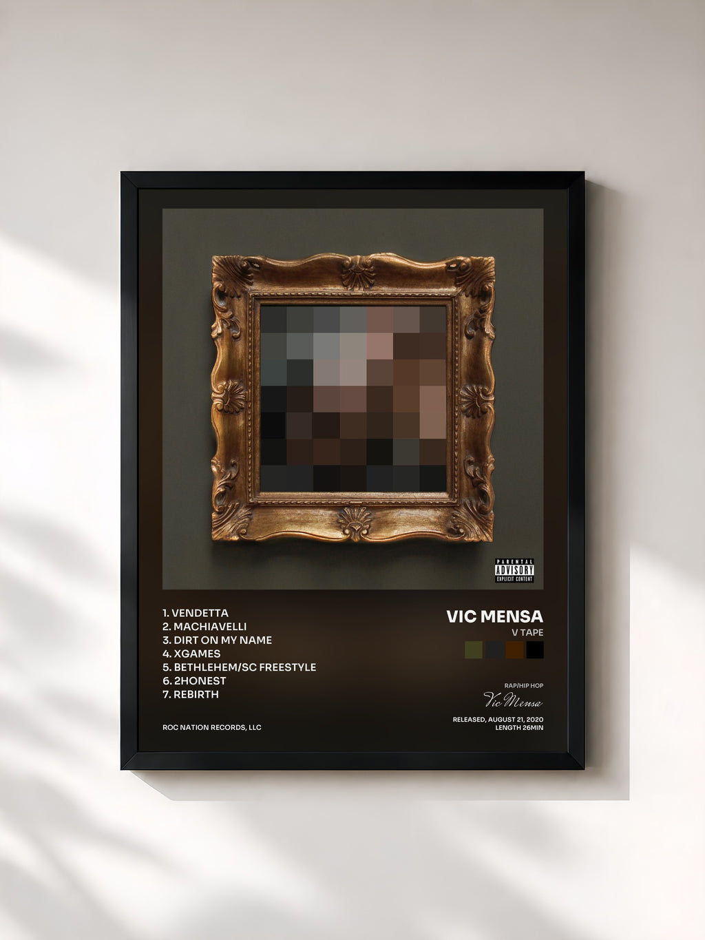 #noir Tableau de l'album V TAPE de Vic Mensa, cadre noir, imprimé et encadré en France