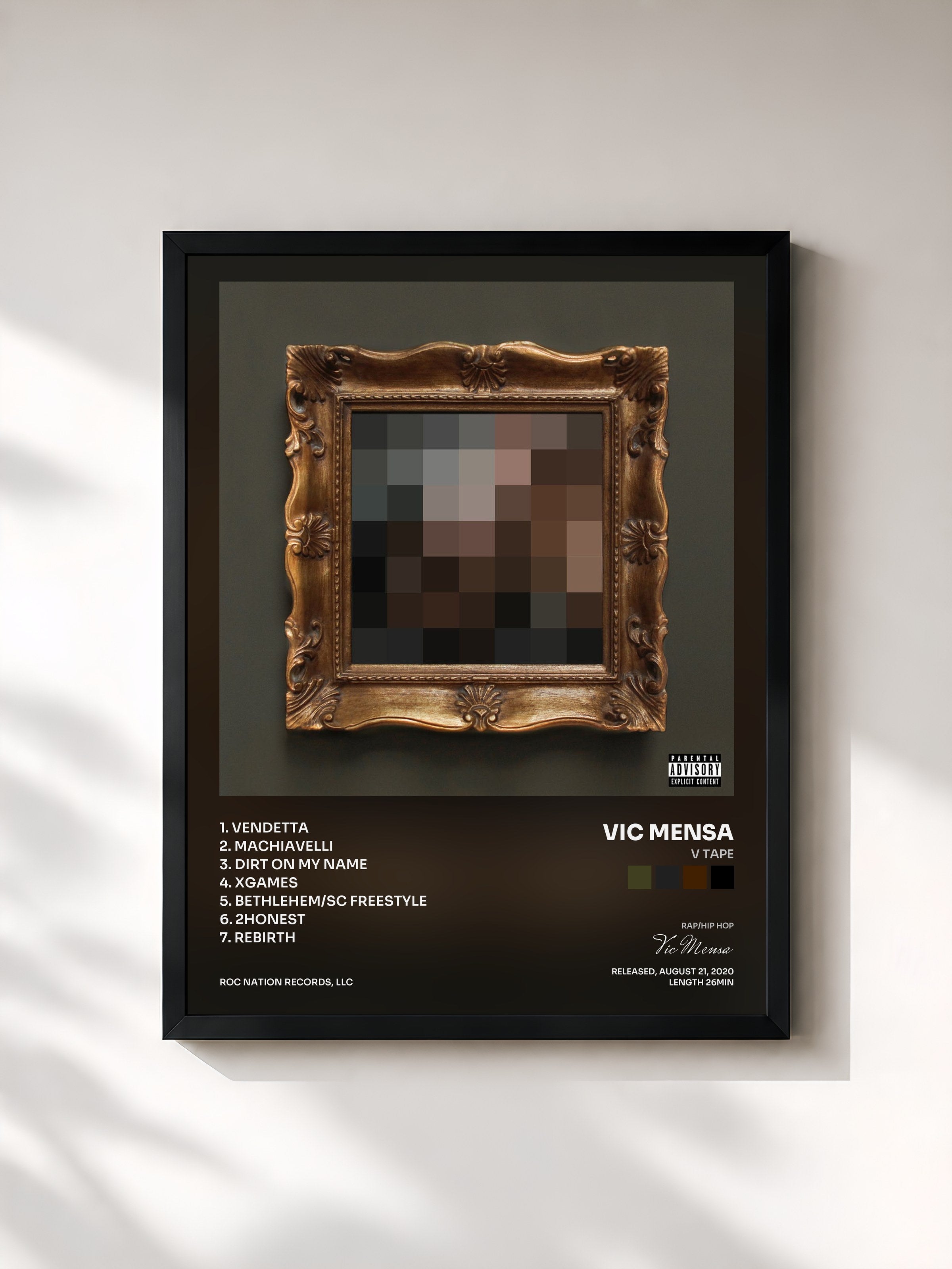 #noir Tableau de l'album V TAPE de Vic Mensa, cadre noir, imprimé et encadré en France