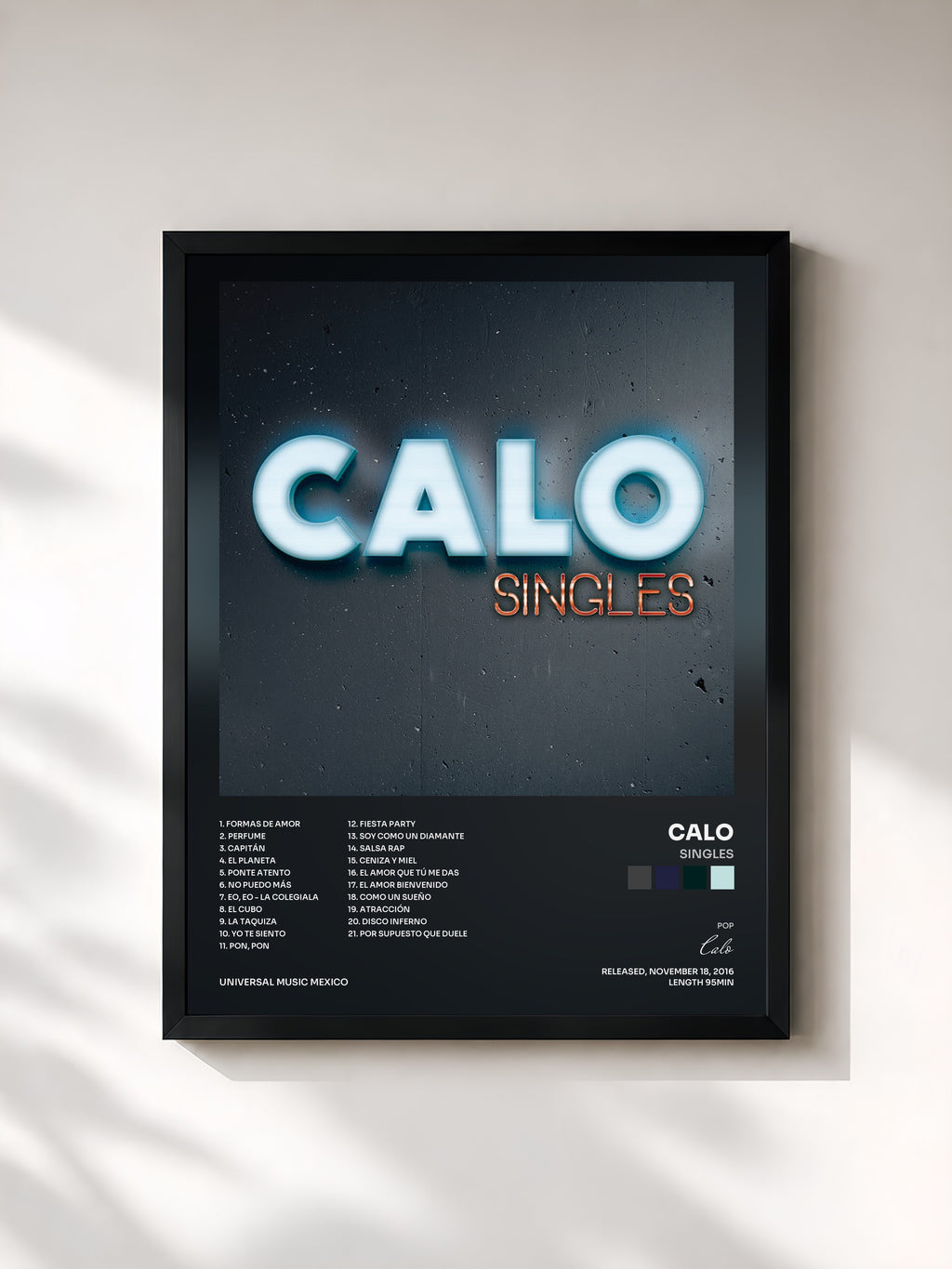 #noir Tableau de l'album Singles de Calo, cadre noir, imprimé et encadré en France