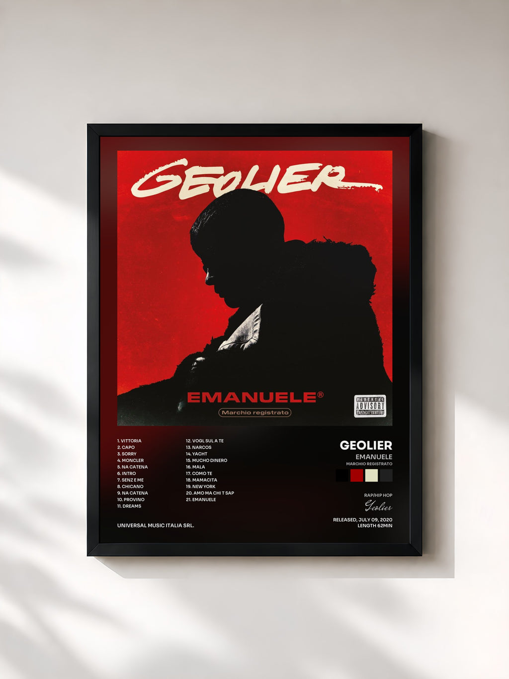 #noir Tableau de l'album Emanuele (Marchio registrato) de Geolier, cadre noir, imprimé et encadré en France