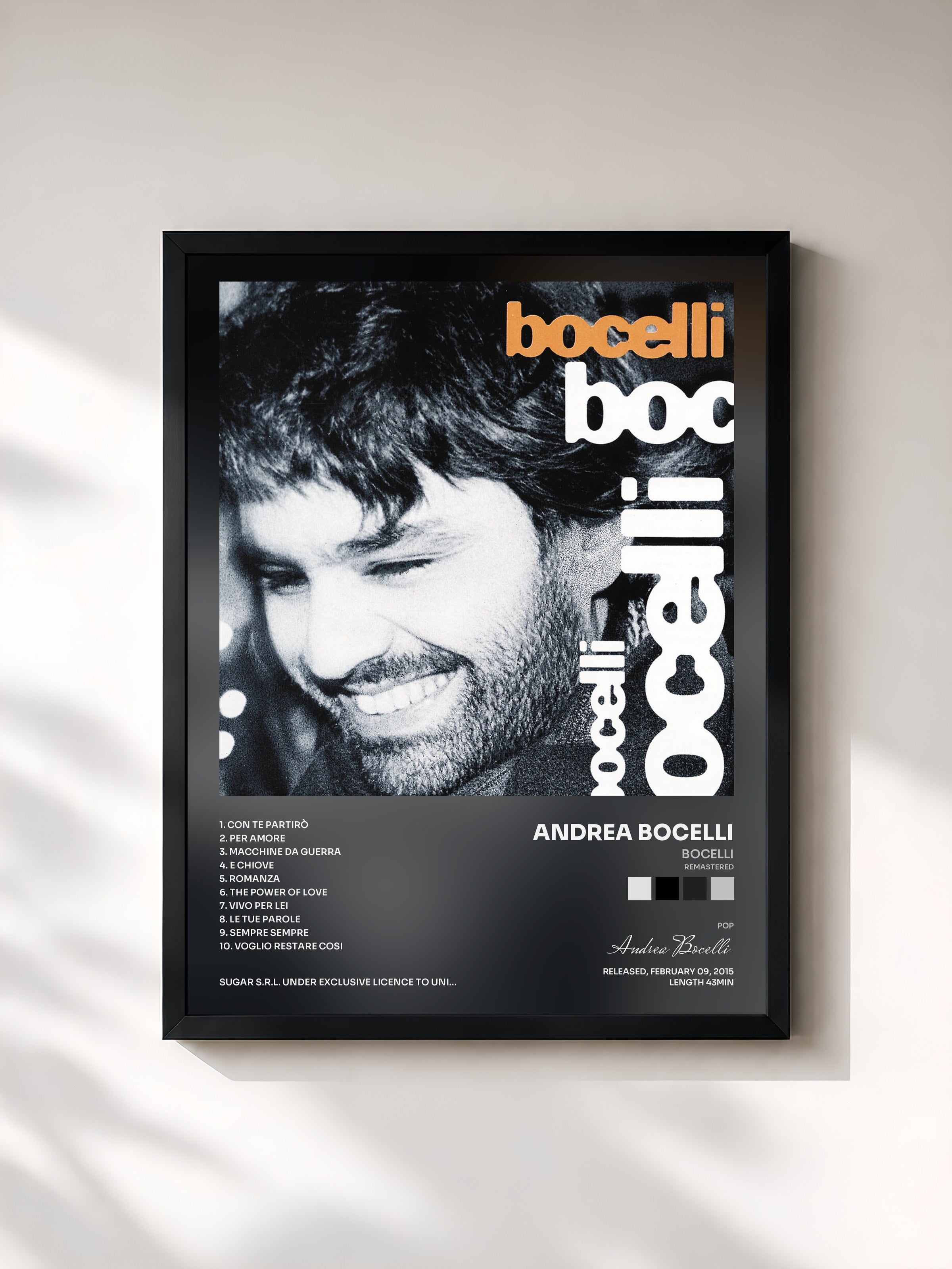 #noir Tableau de l'album Bocelli (Remastered) de Andrea Bocelli, cadre noir, imprimé et encadré en France