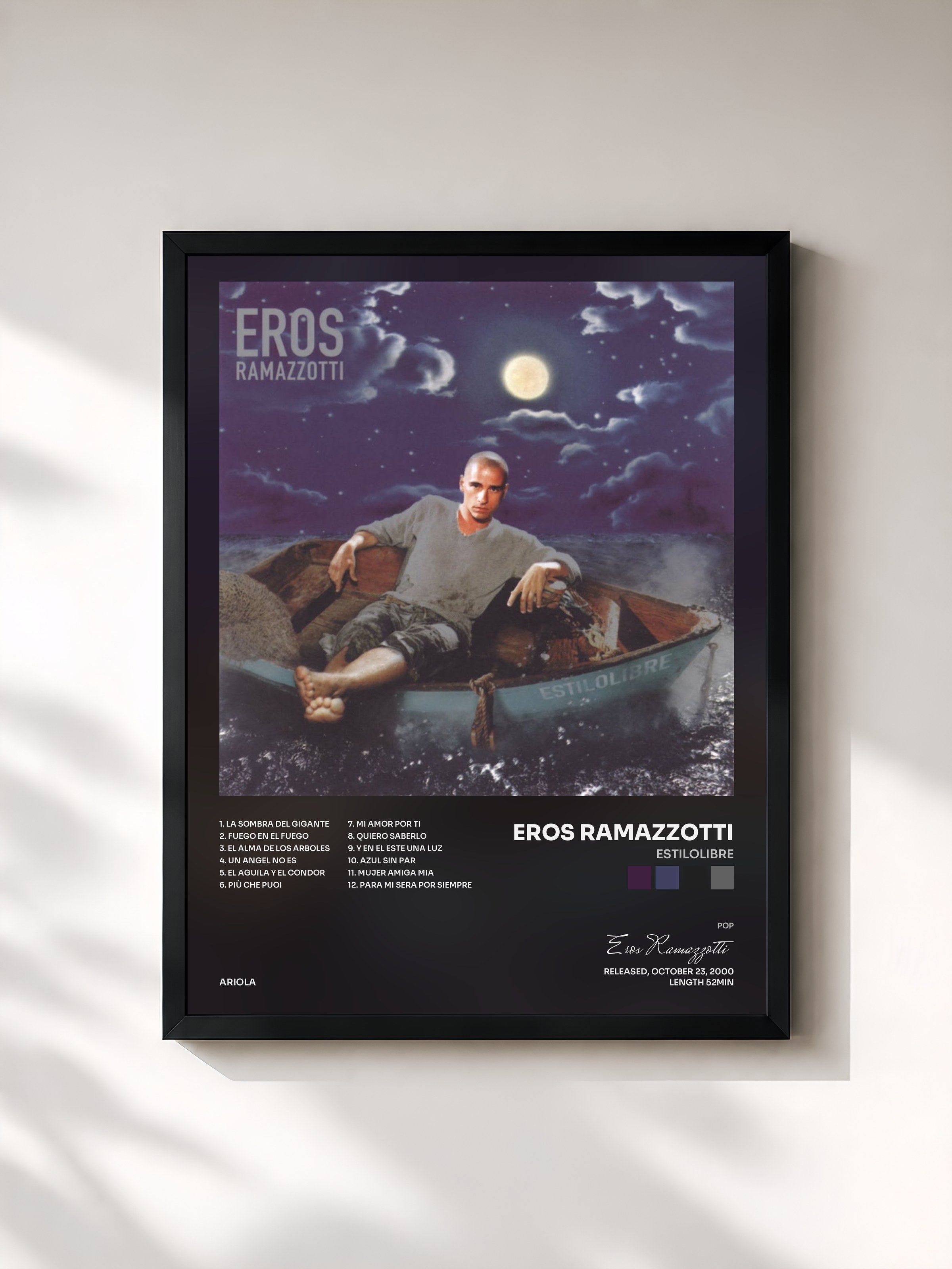 #noir Tableau de l'album Estilolibre de Eros Ramazzotti, cadre noir, imprimé et encadré en France