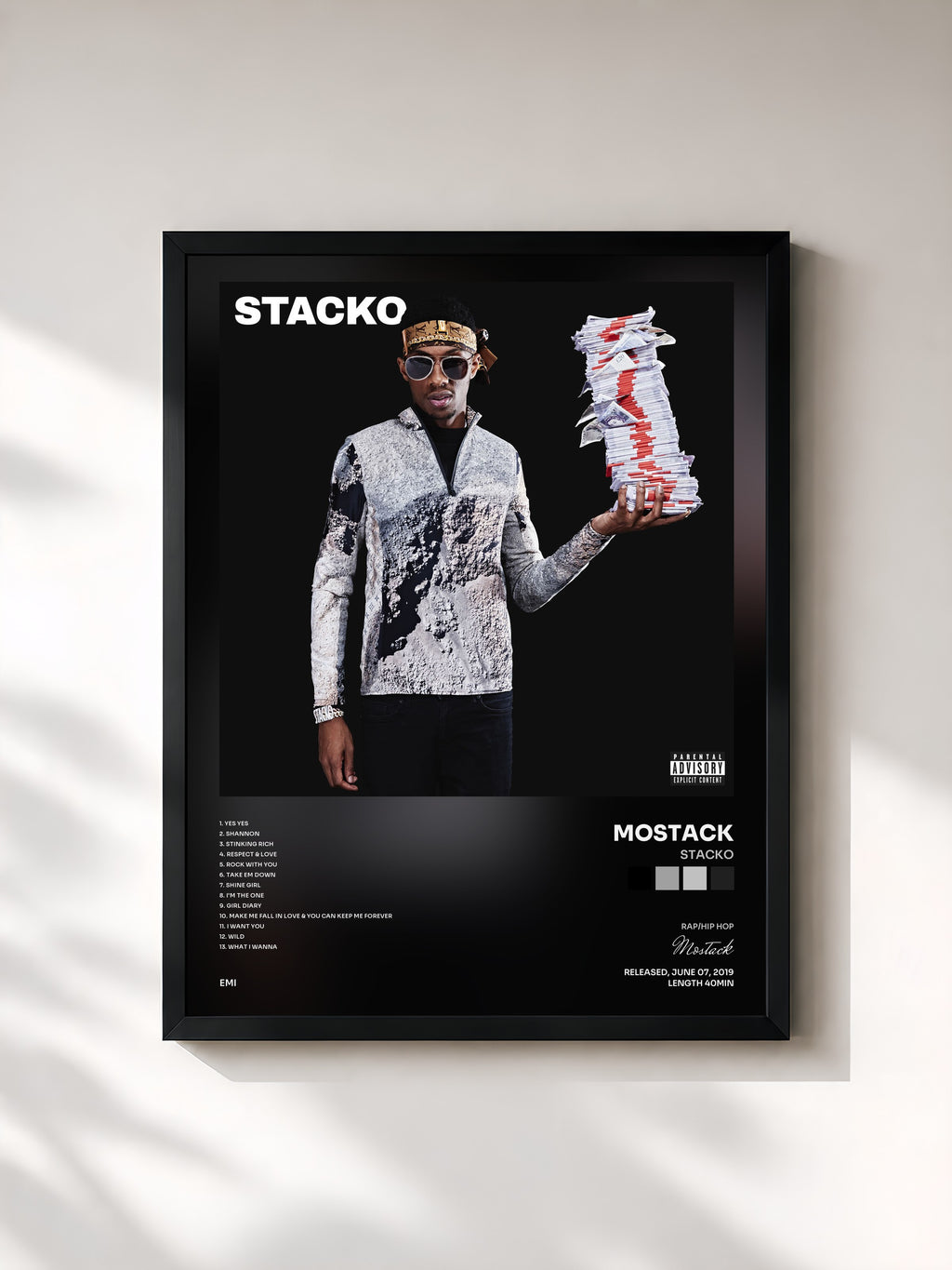 #noir Tableau de l'album Stacko de Mostack, cadre noir, imprimé et encadré en France